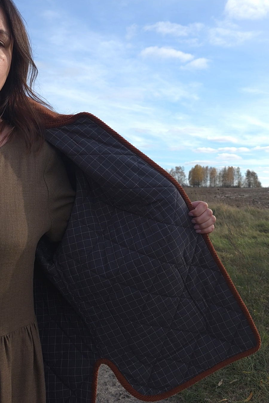 Warm corduroy quilted jacket for women, minimalist autumn outfit in earthy colors