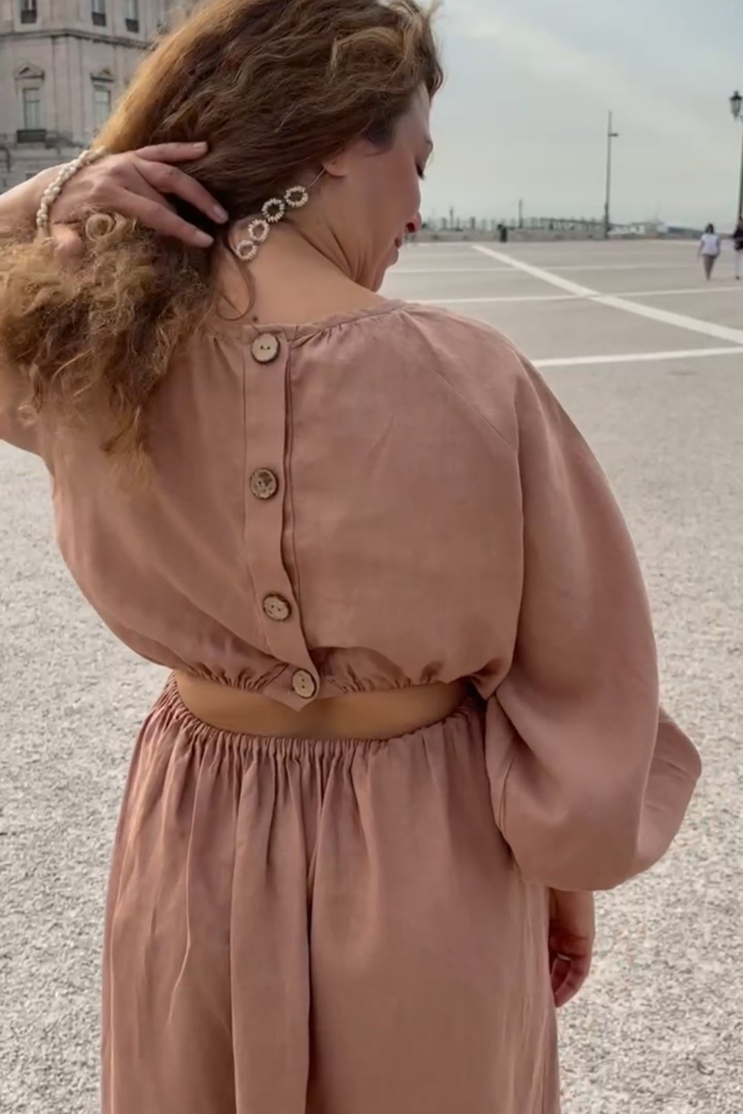 Women’s Linen Dress with Back Buttons • 100% Linen • Mocha Mousse Color