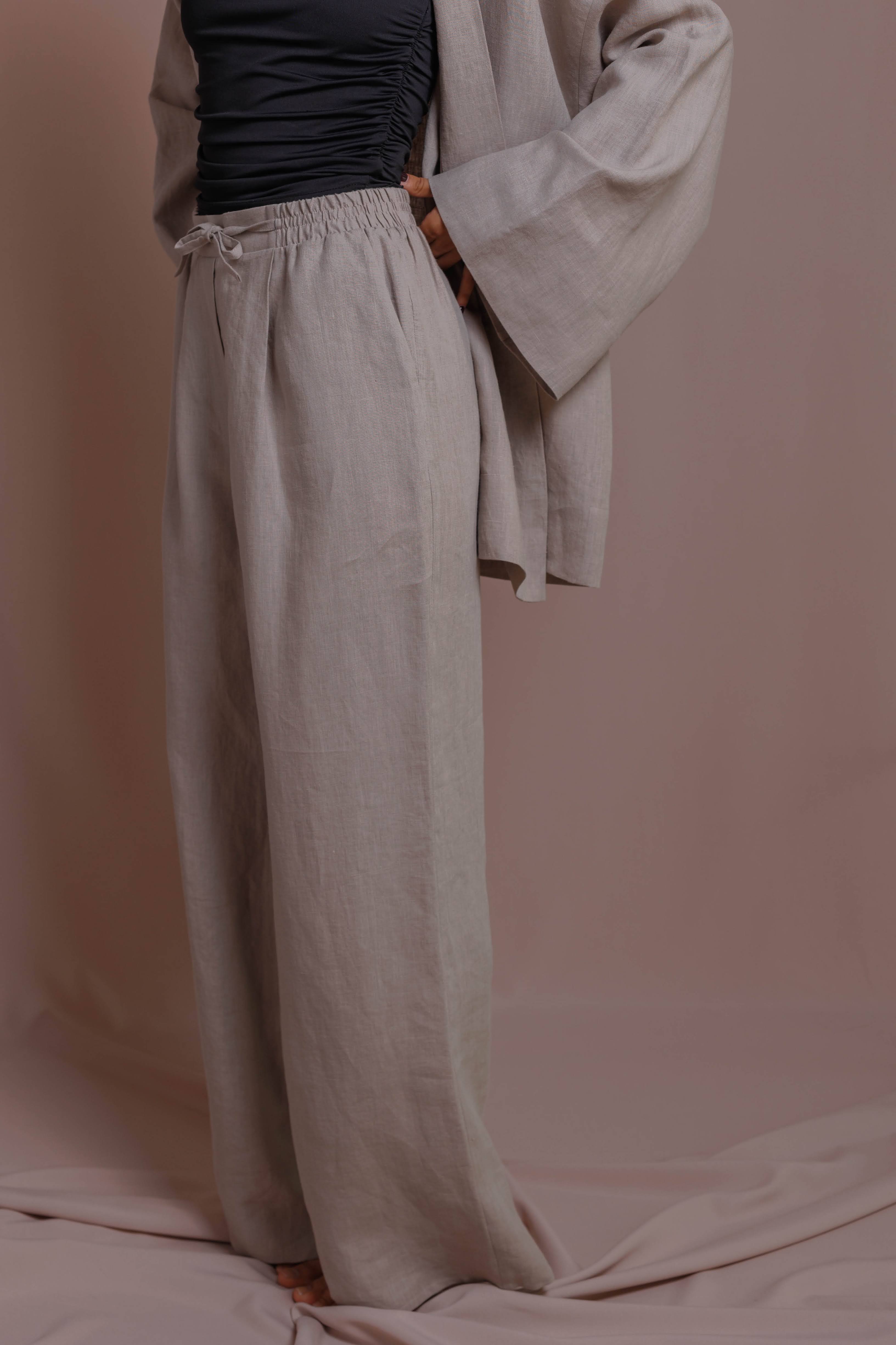 Light gray Womens linen pants with elastic waistband and loose straight legs
