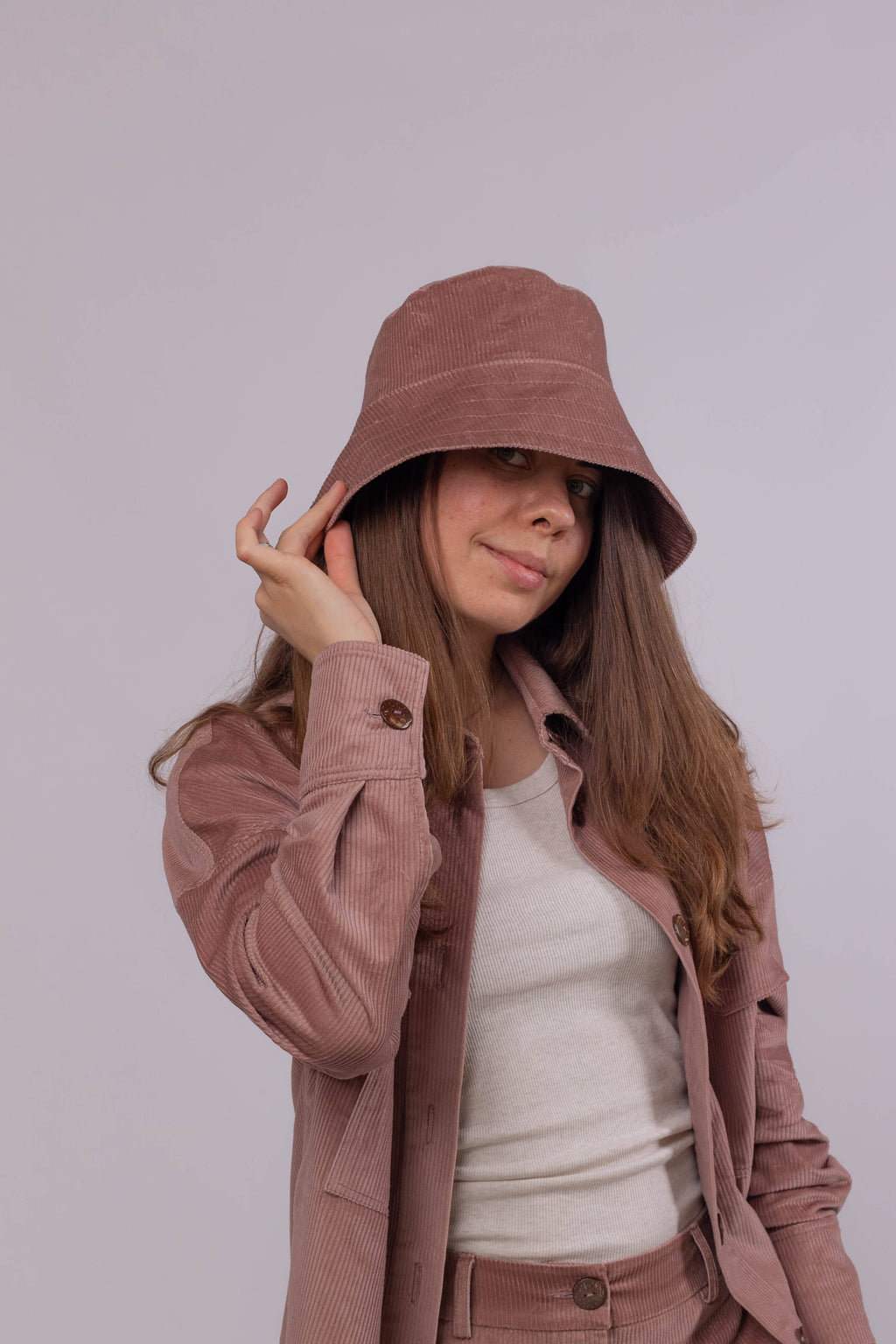 Women corduroy bucket hat, fall spring fashion accessory in minimalist style