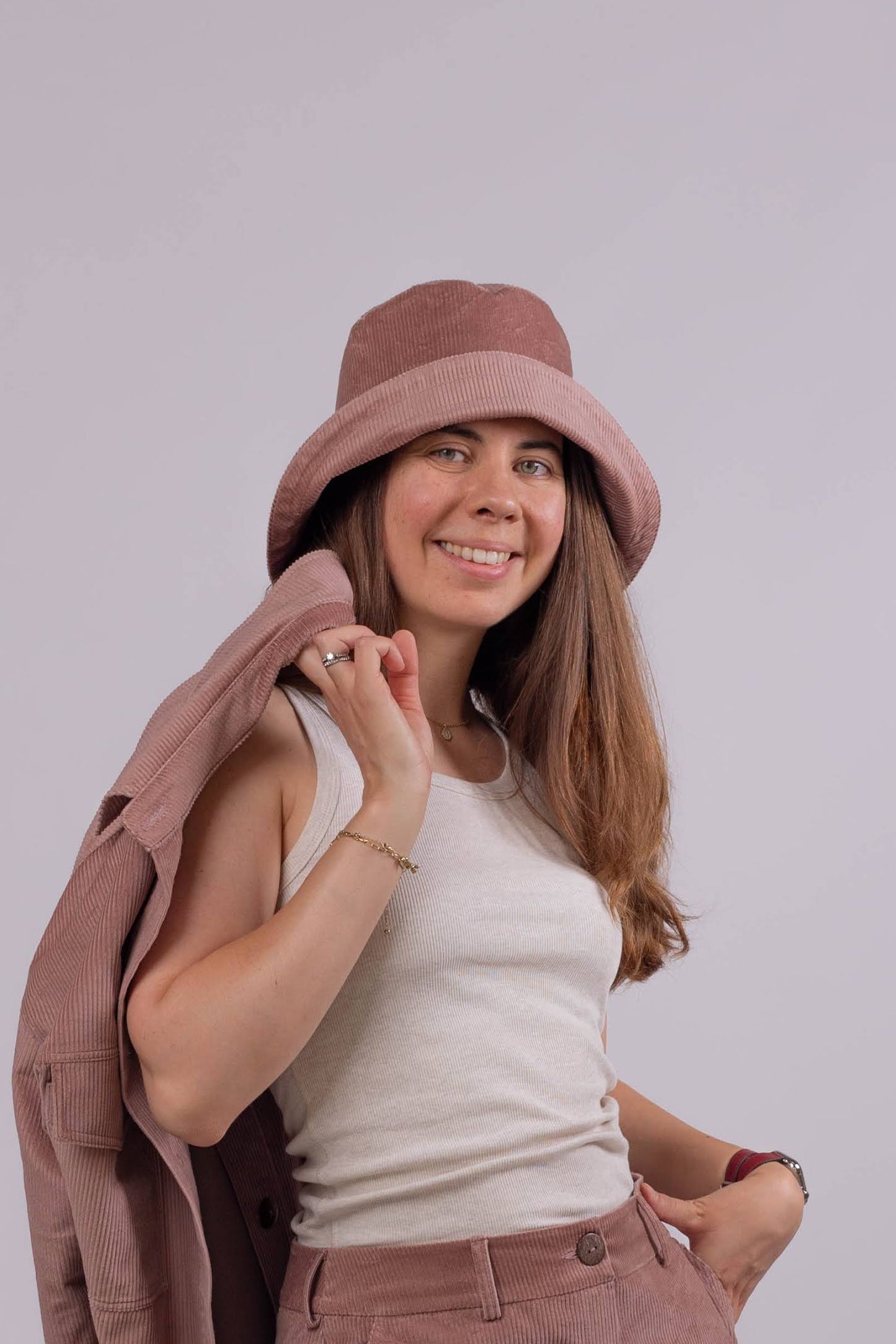Double layer bucket hat for women, soft cotton corduroy texture close up