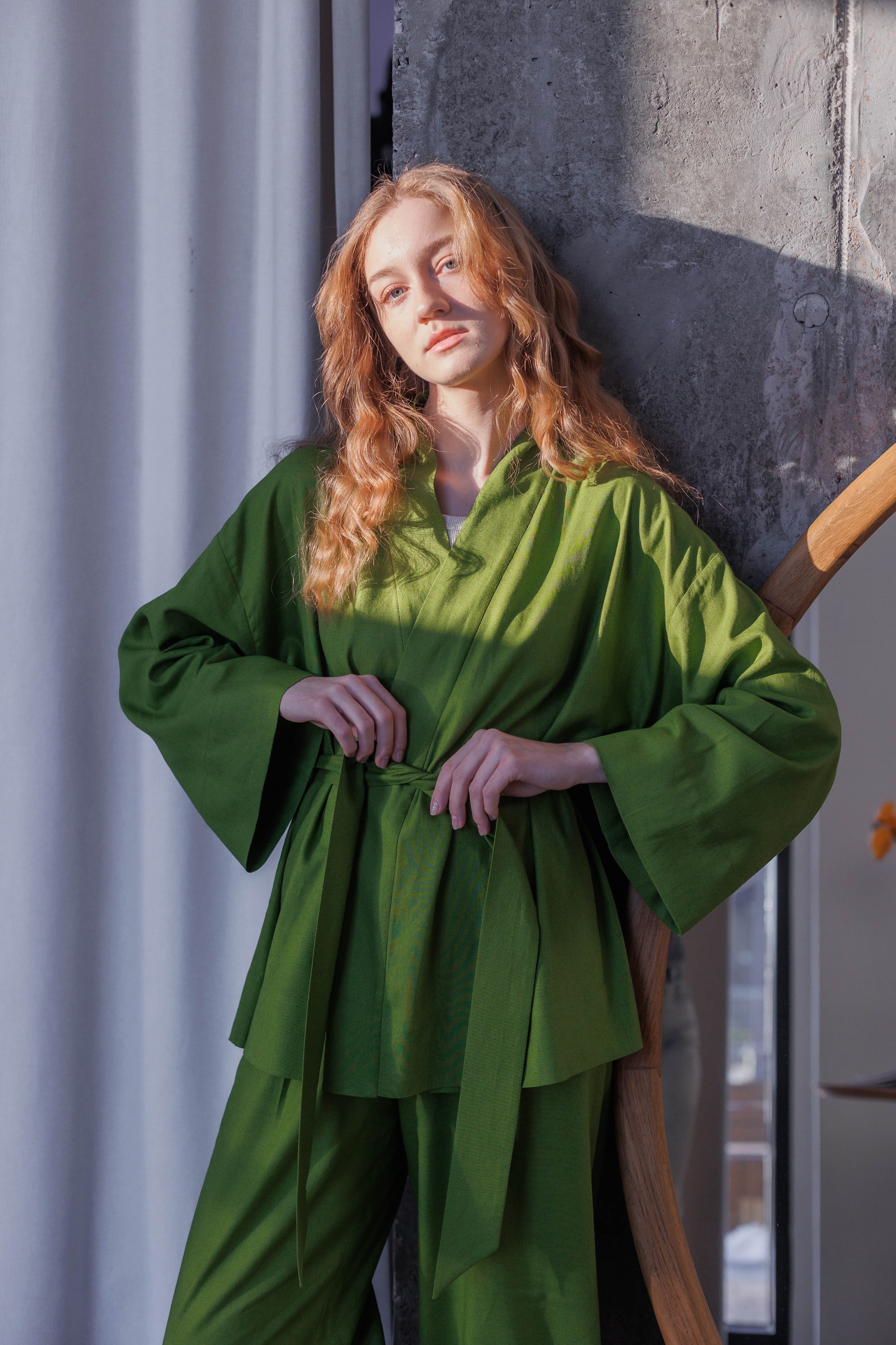 Minimalist green kimono set in breathable nettle and linen blend with relaxed fit and adjustable belt