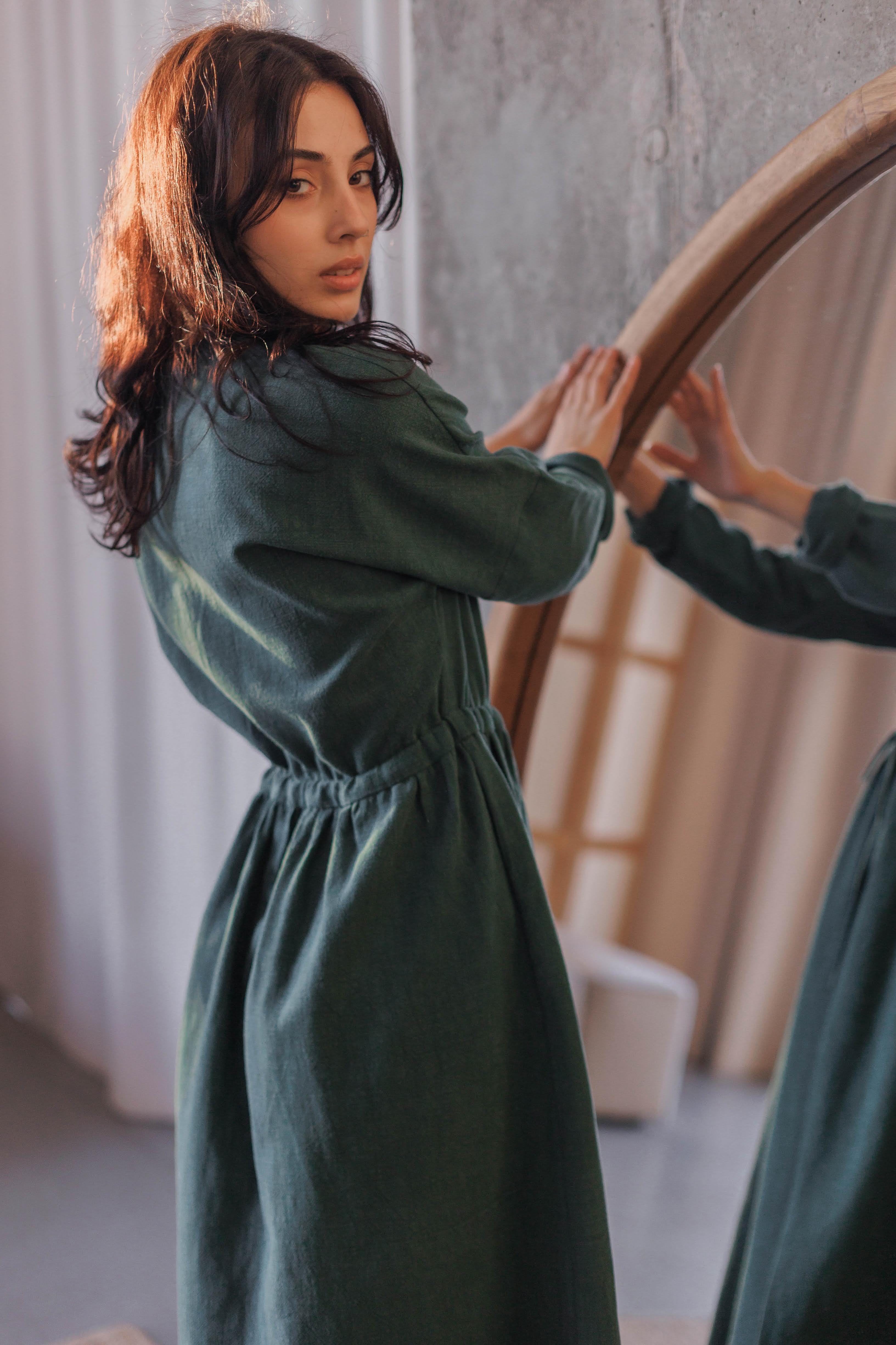 Wrap Dress with Long Sleeves • 100% cotton micro corduroy • Deep Green