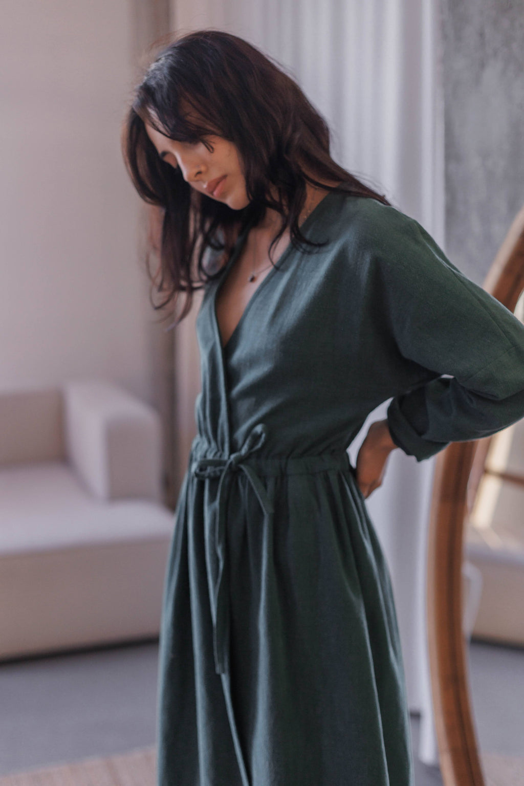 Wrap Dress with Long Sleeves • 100% cotton micro corduroy • Deep Green