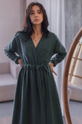 Wrap Dress with Long Sleeves • 100% cotton micro corduroy • Deep Green