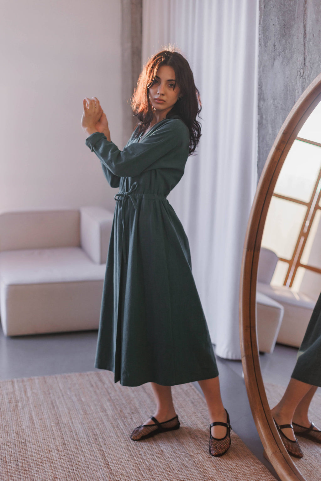 Wrap Dress with Long Sleeves • 100% cotton micro corduroy • Deep Green