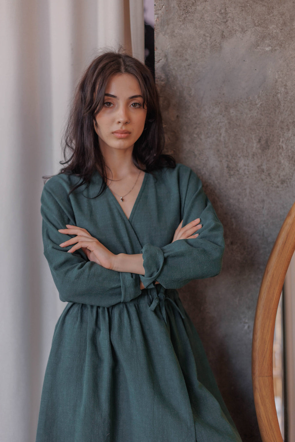 Wrap Dress with Long Sleeves • 100% cotton micro corduroy • Deep Green
