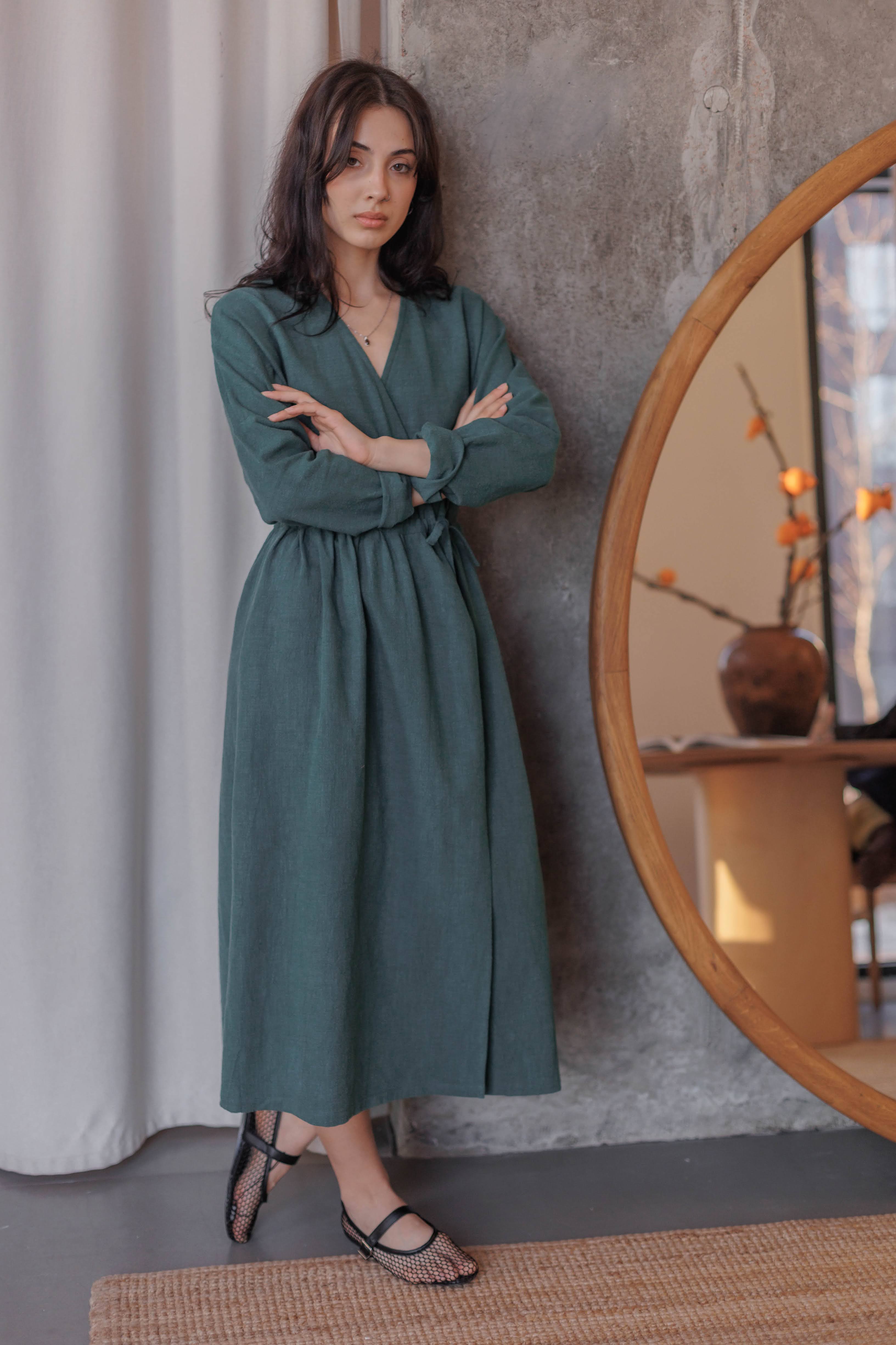 Wrap Dress with Long Sleeves • 100% cotton micro corduroy • Deep Green