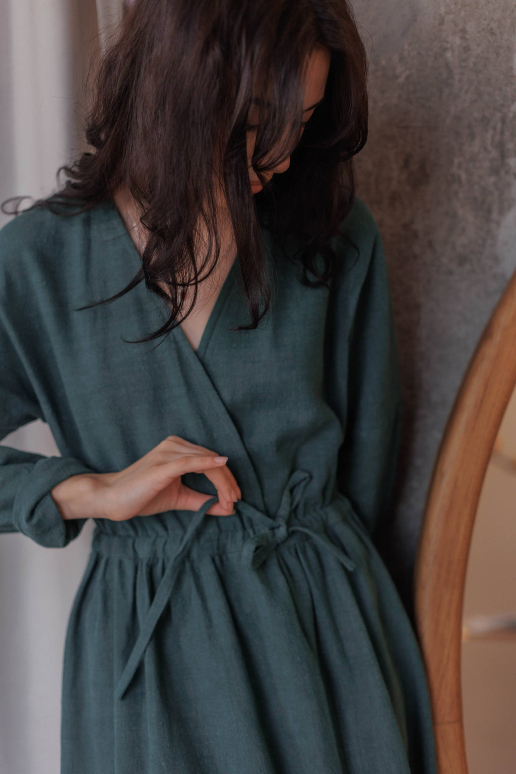 Wrap Dress with Long Sleeves • 100% cotton micro corduroy • Deep Green