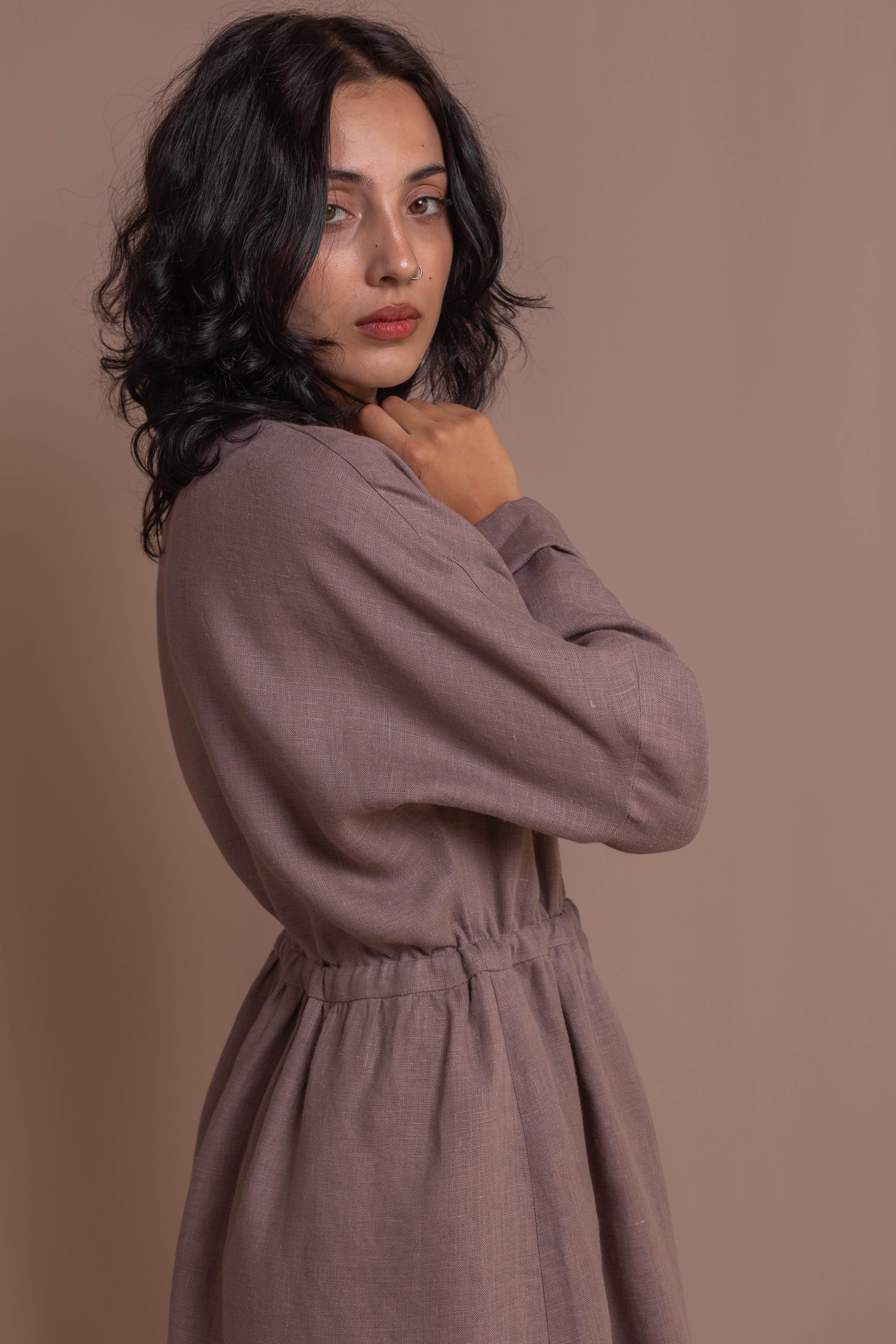 Wrap Dress with Long Sleeves • 100% Linen • Purpul dove