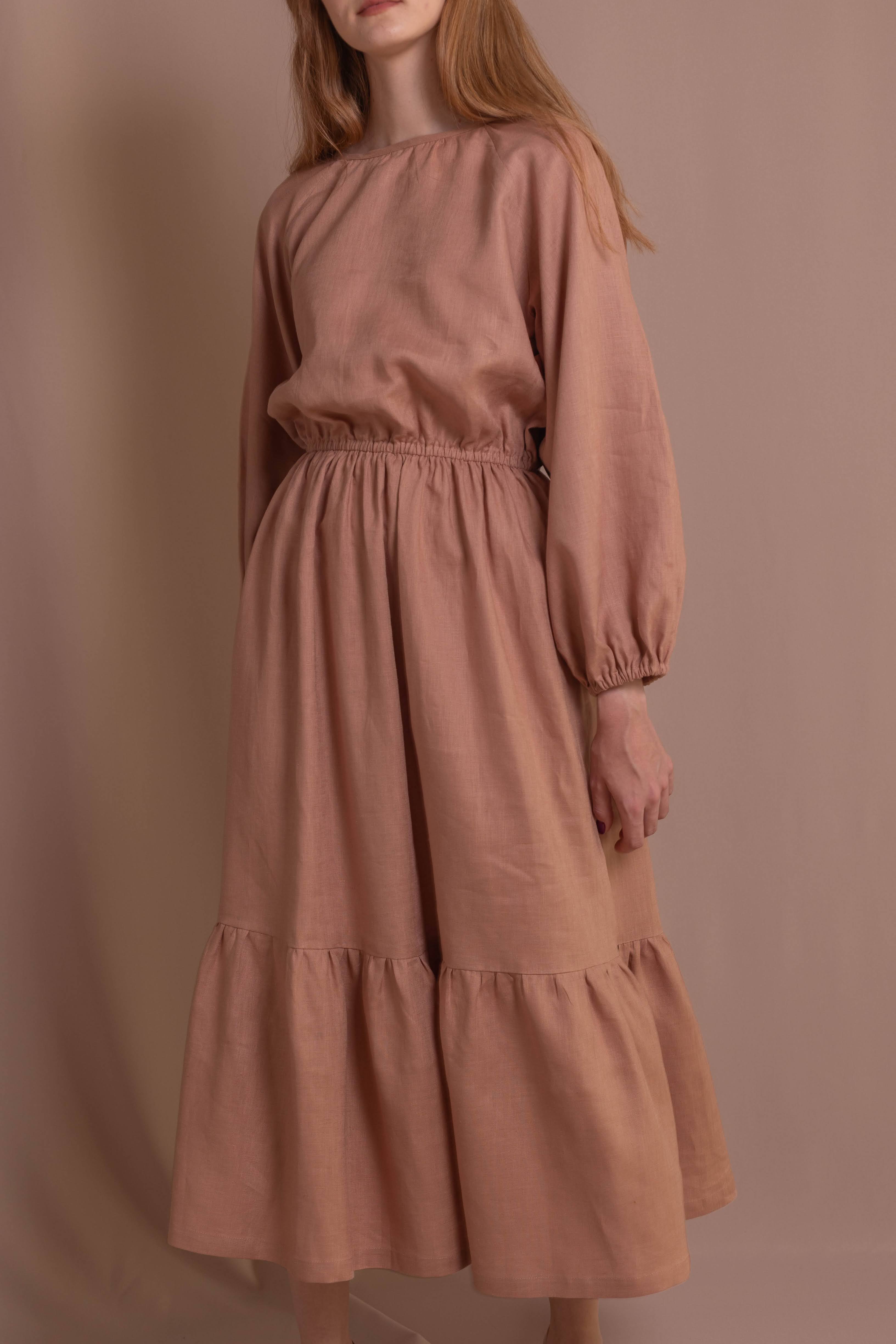 Women’s Linen Dress with Back Buttons • 100% Linen • Mocha Mousse Color