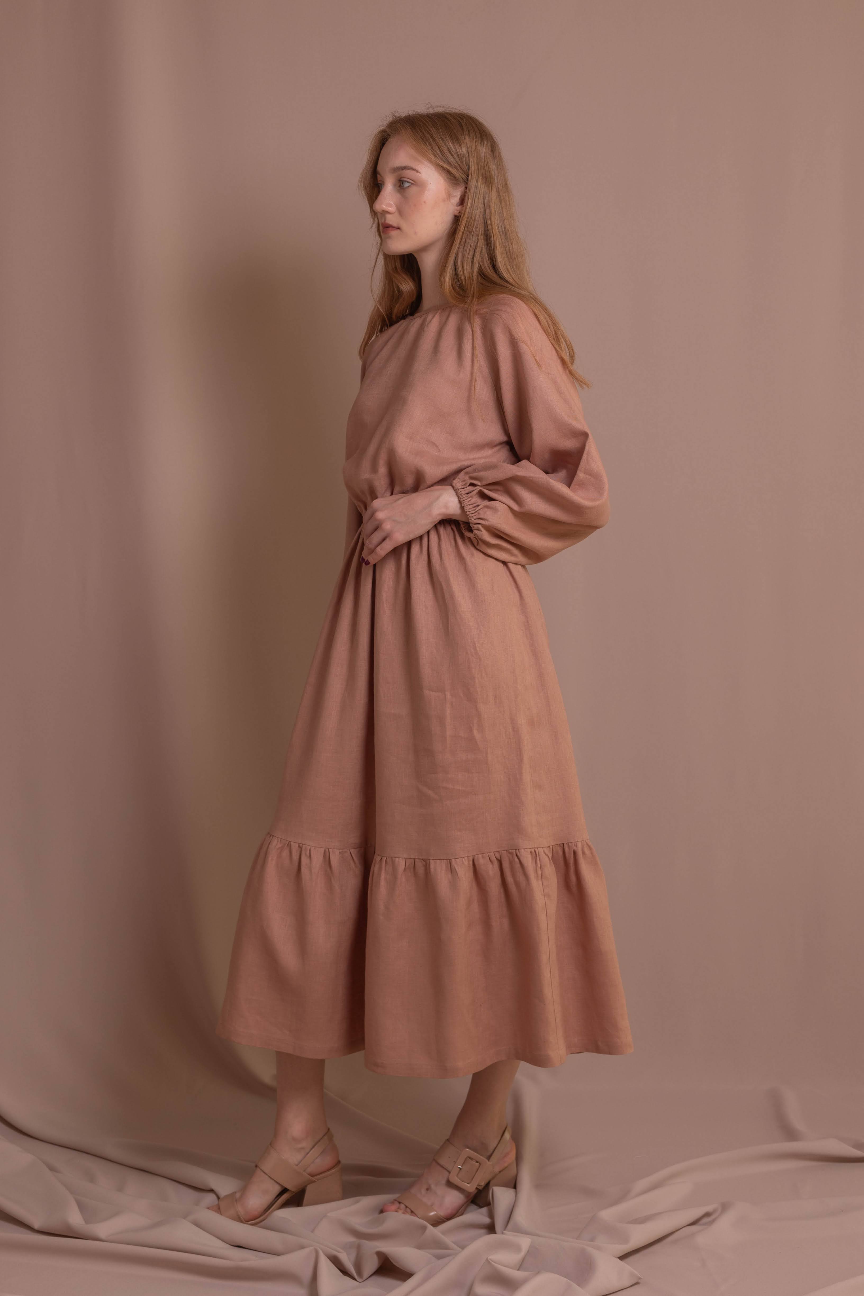 Women’s Linen Dress with Back Buttons • 100% Linen • Mocha Mousse Color