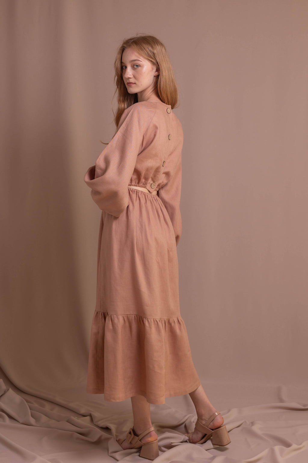 Women’s Linen Dress with Back Buttons • 100% Linen • Mocha Mousse Color