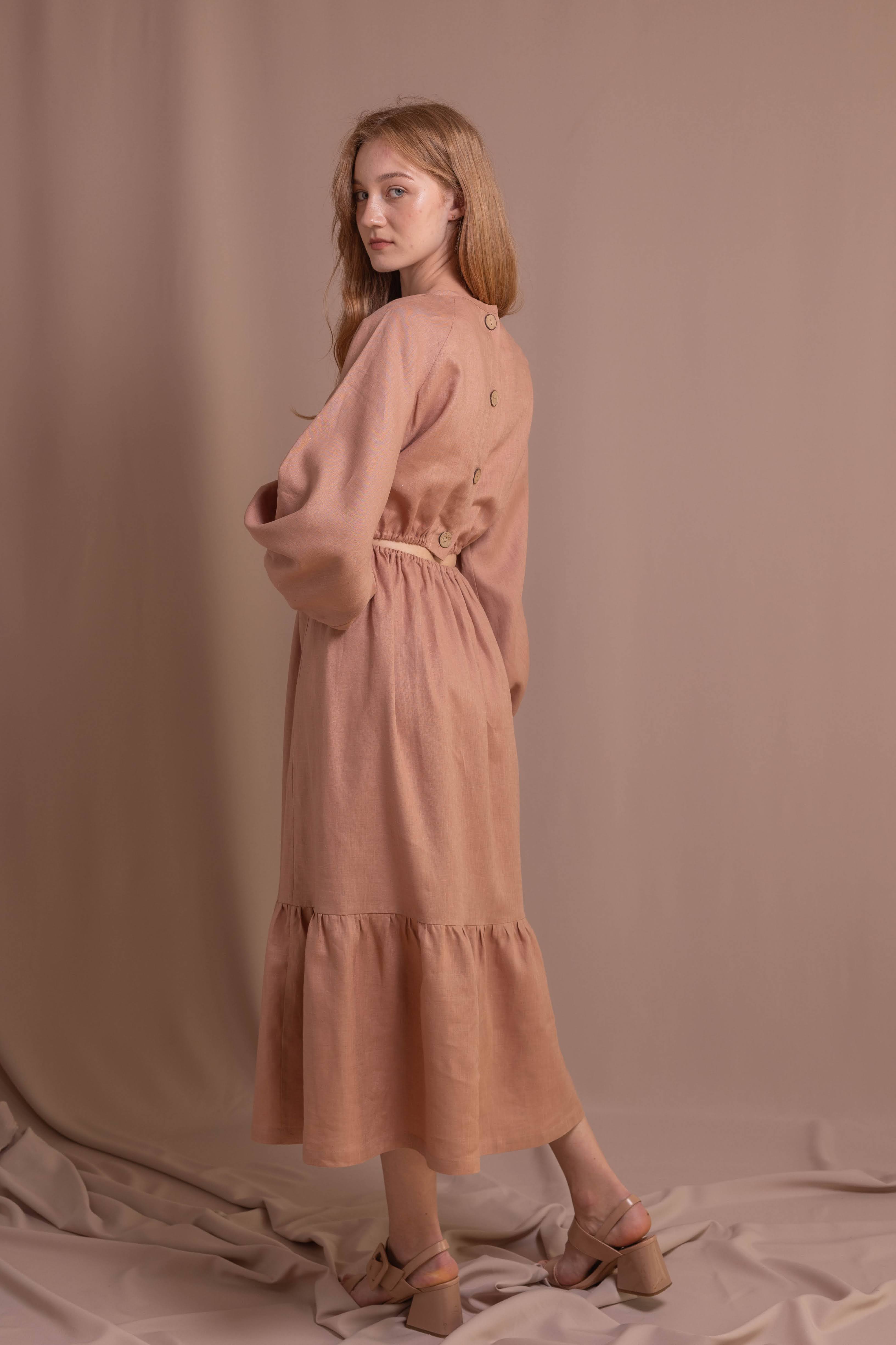 Women’s Linen Dress with Back Buttons • 100% Linen • Mocha Mousse Color