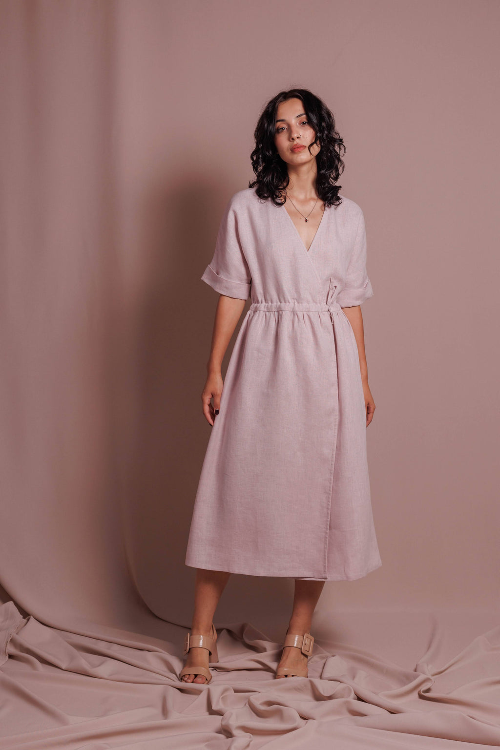 Wrap Dress with Short Sleeves • 100% Linen • Powder Pink