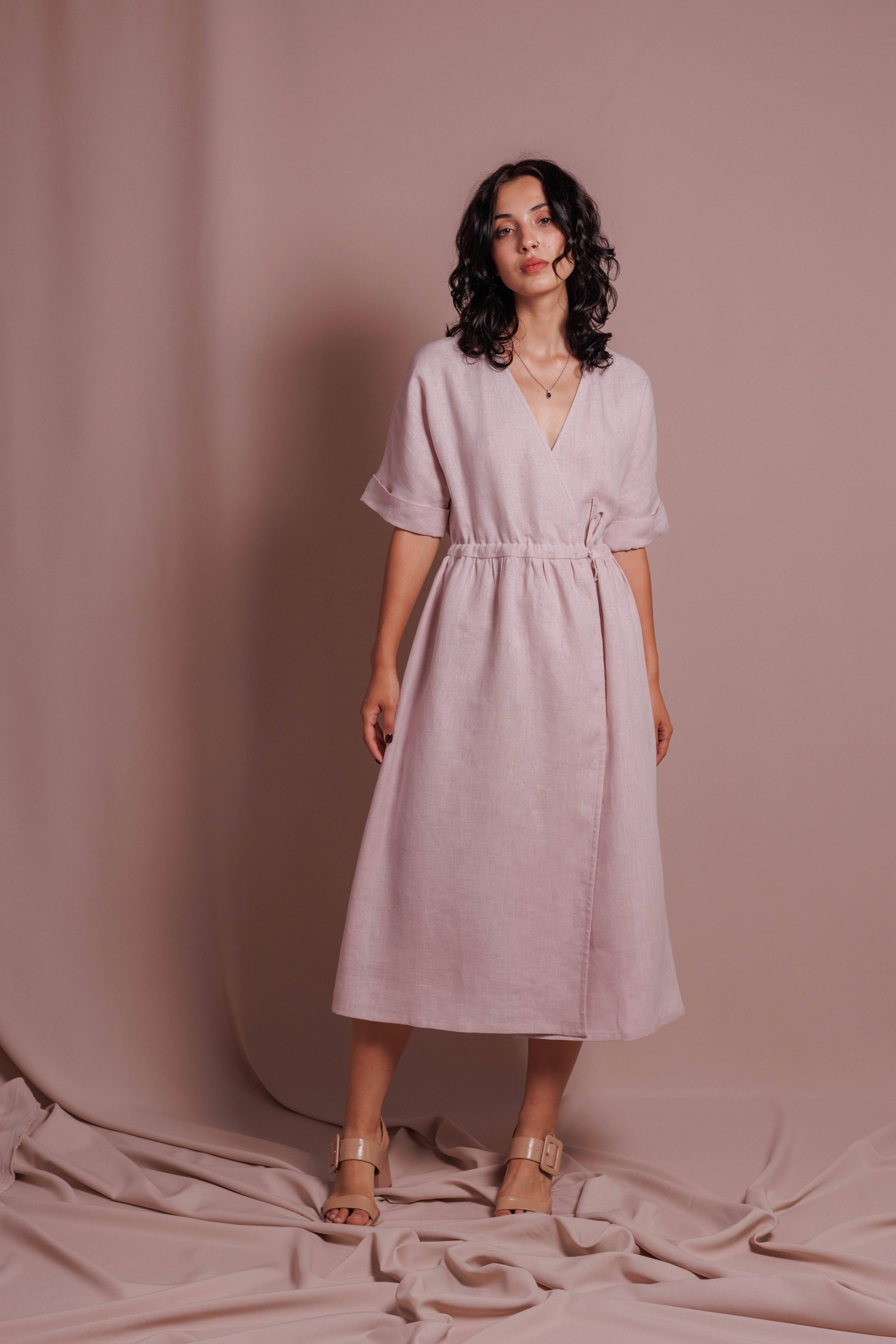 Wrap Dress with Short Sleeves • 100% Linen • Powder Pink