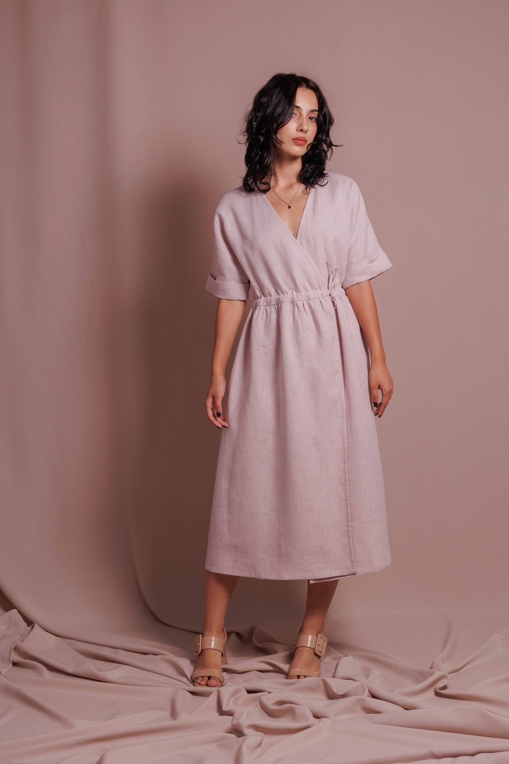 Wrap Dress with Short Sleeves • 100% Linen • Powder Pink