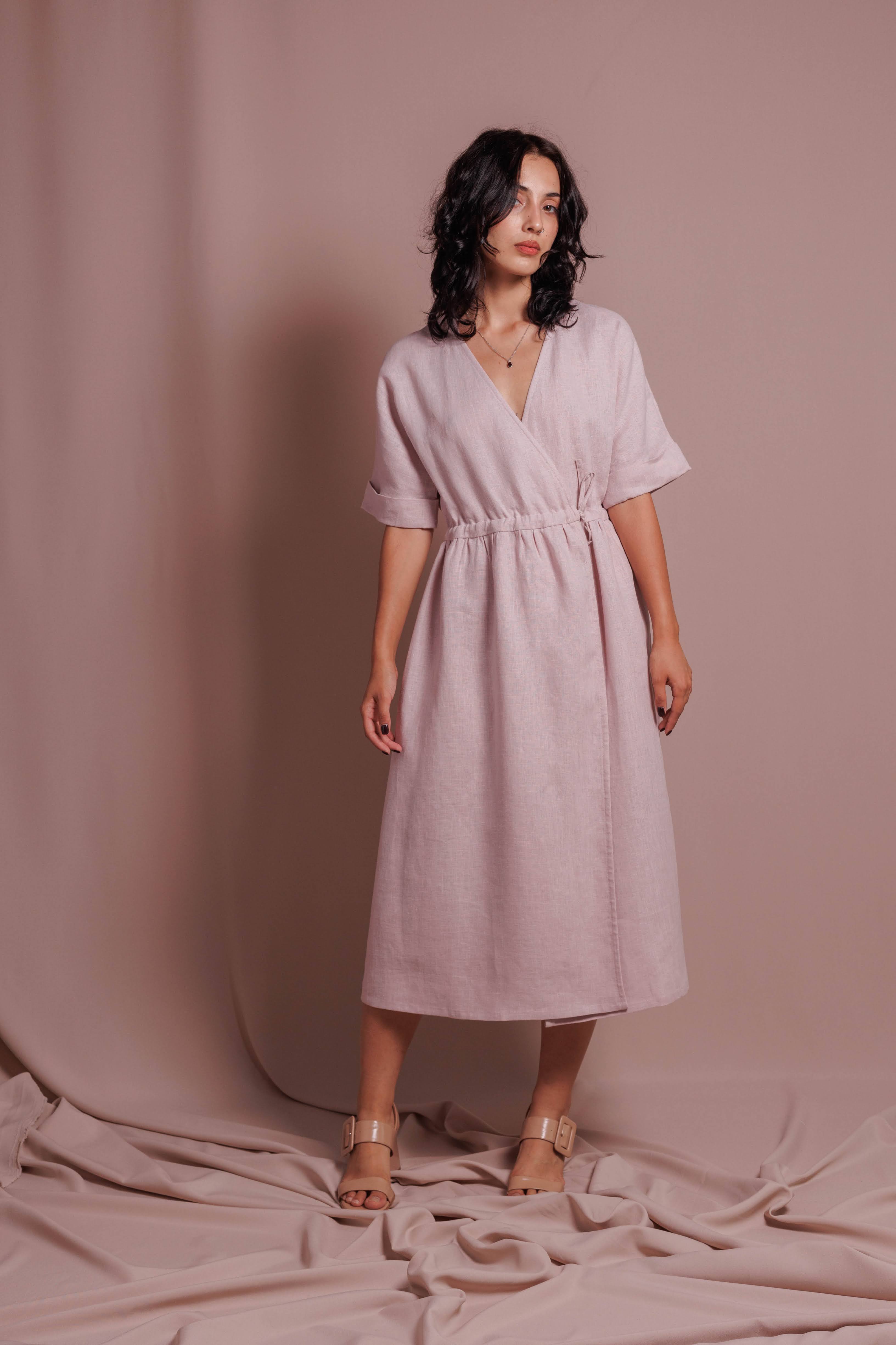 Wrap Dress with Short Sleeves • 100% Linen • Powder Pink
