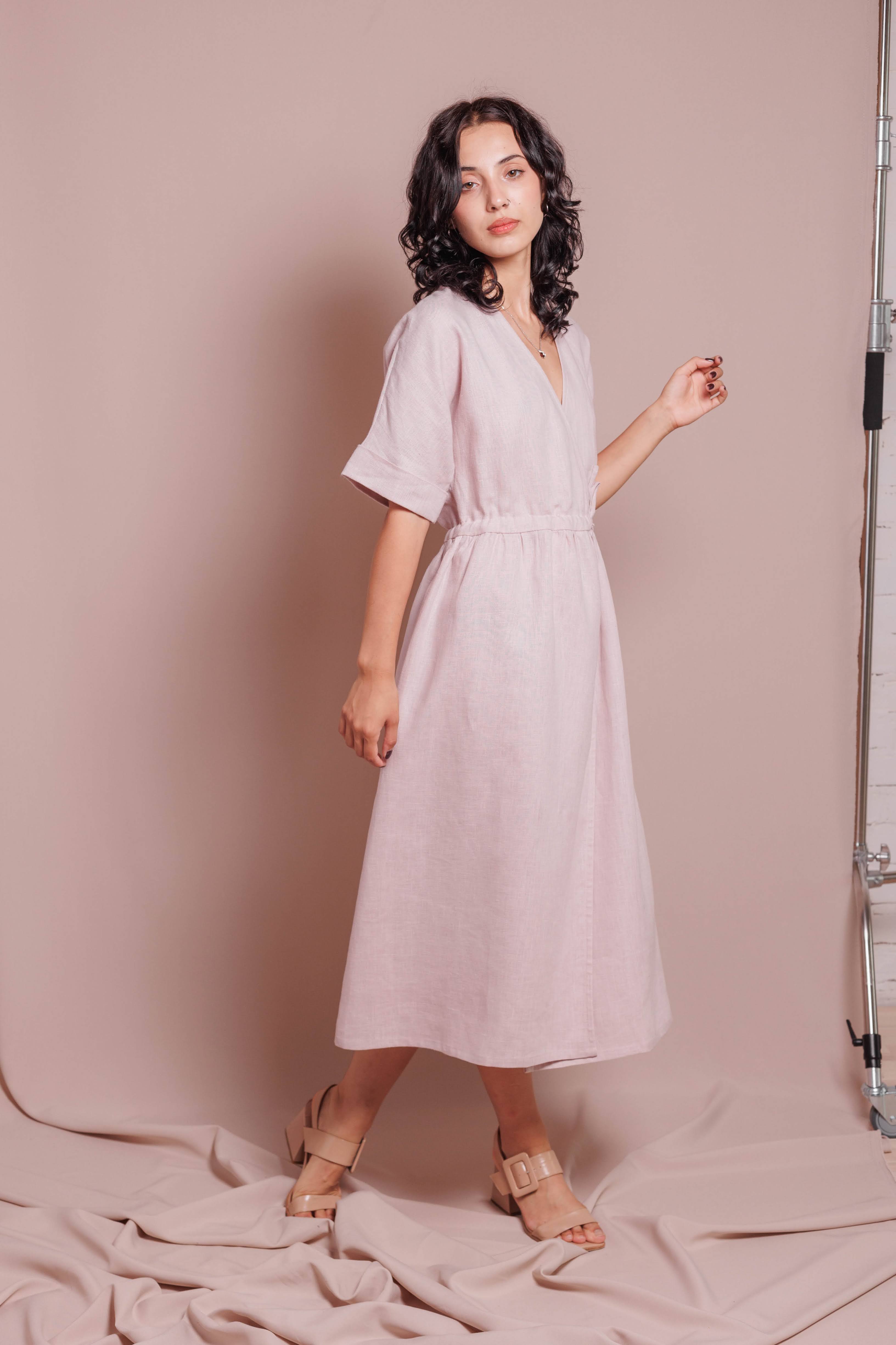 Wrap Dress with Short Sleeves • 100% Linen • Powder Pink