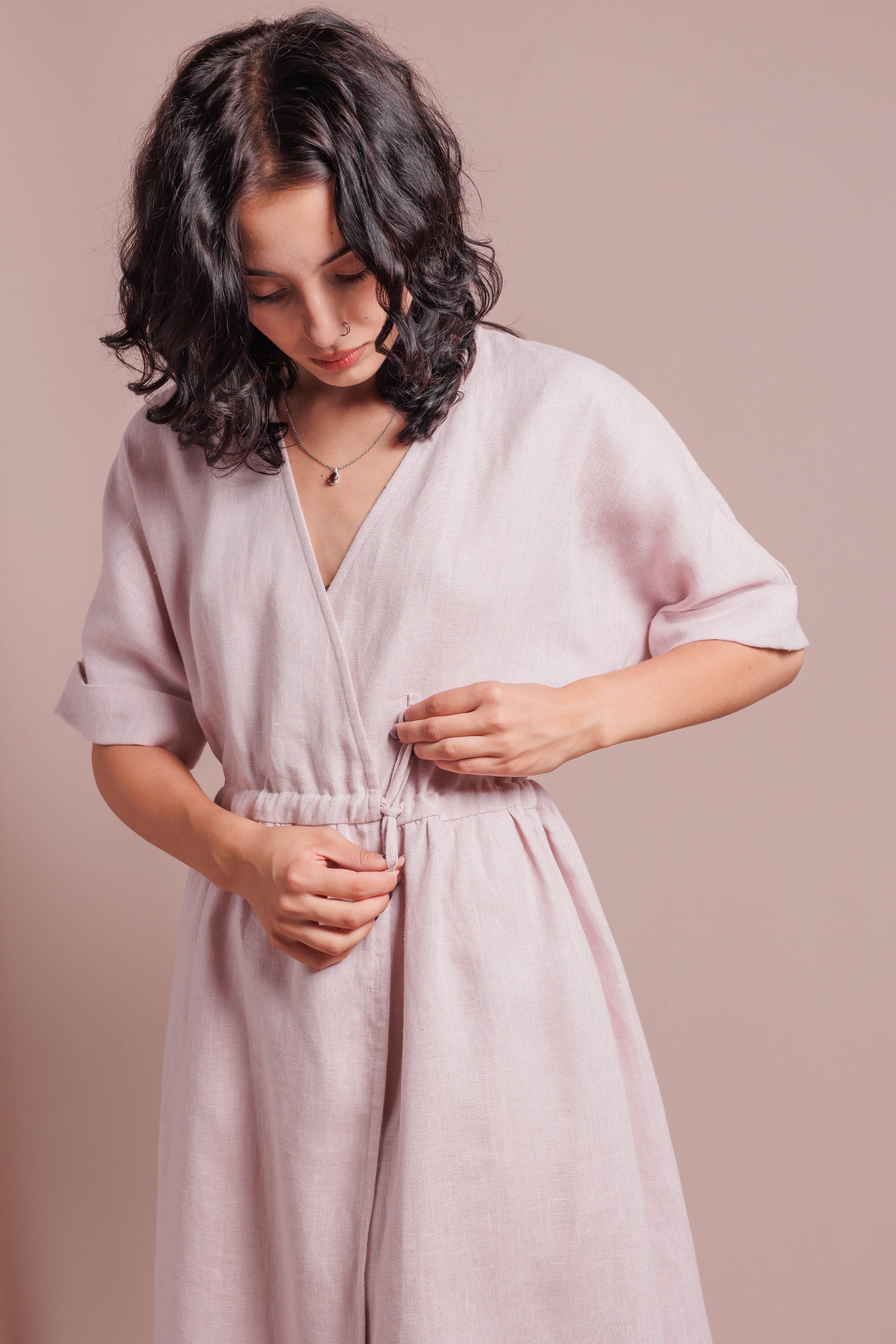 Wrap Dress with Short Sleeves • 100% Linen • Powder Pink