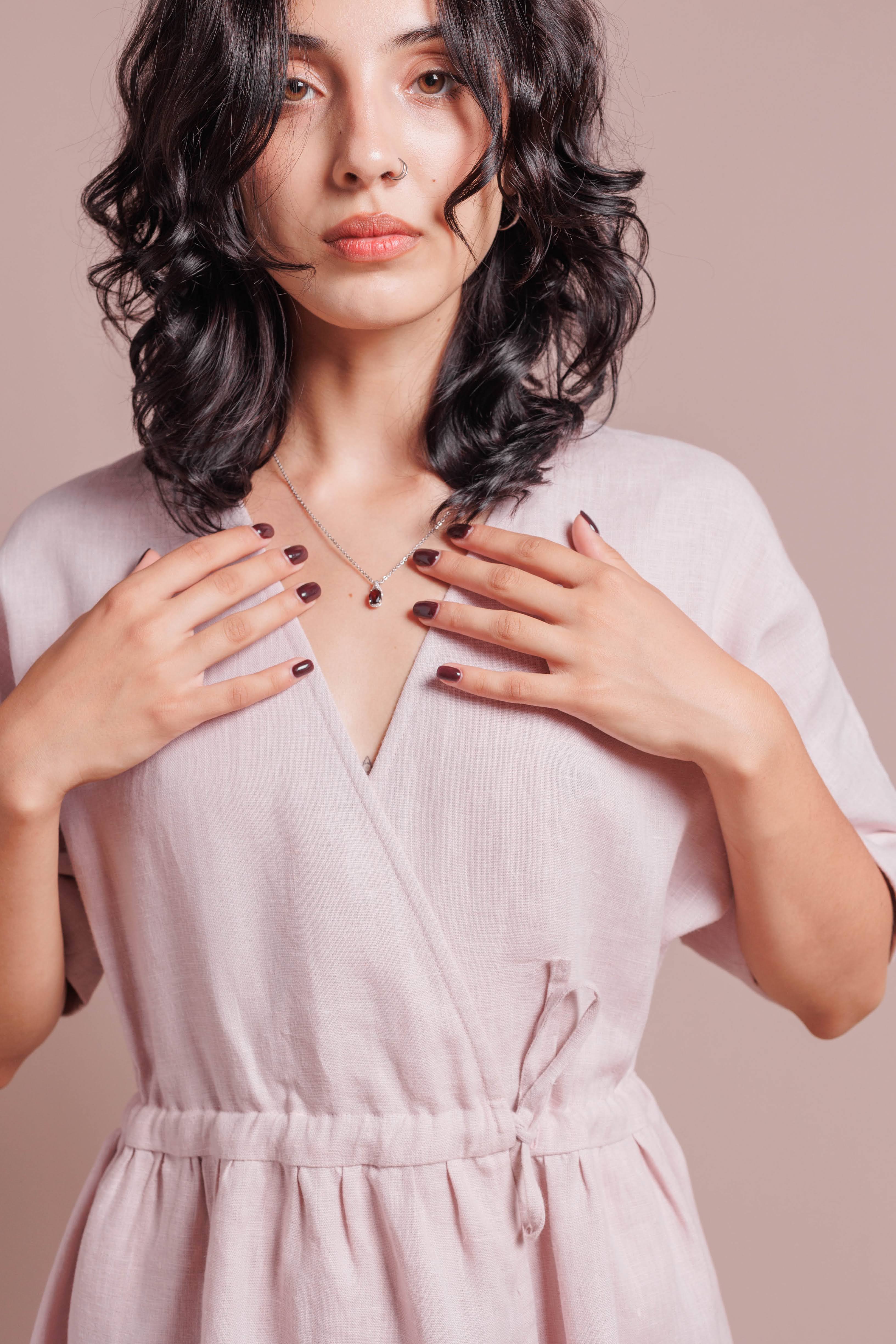Wrap Dress with Short Sleeves • 100% Linen • Powder Pink