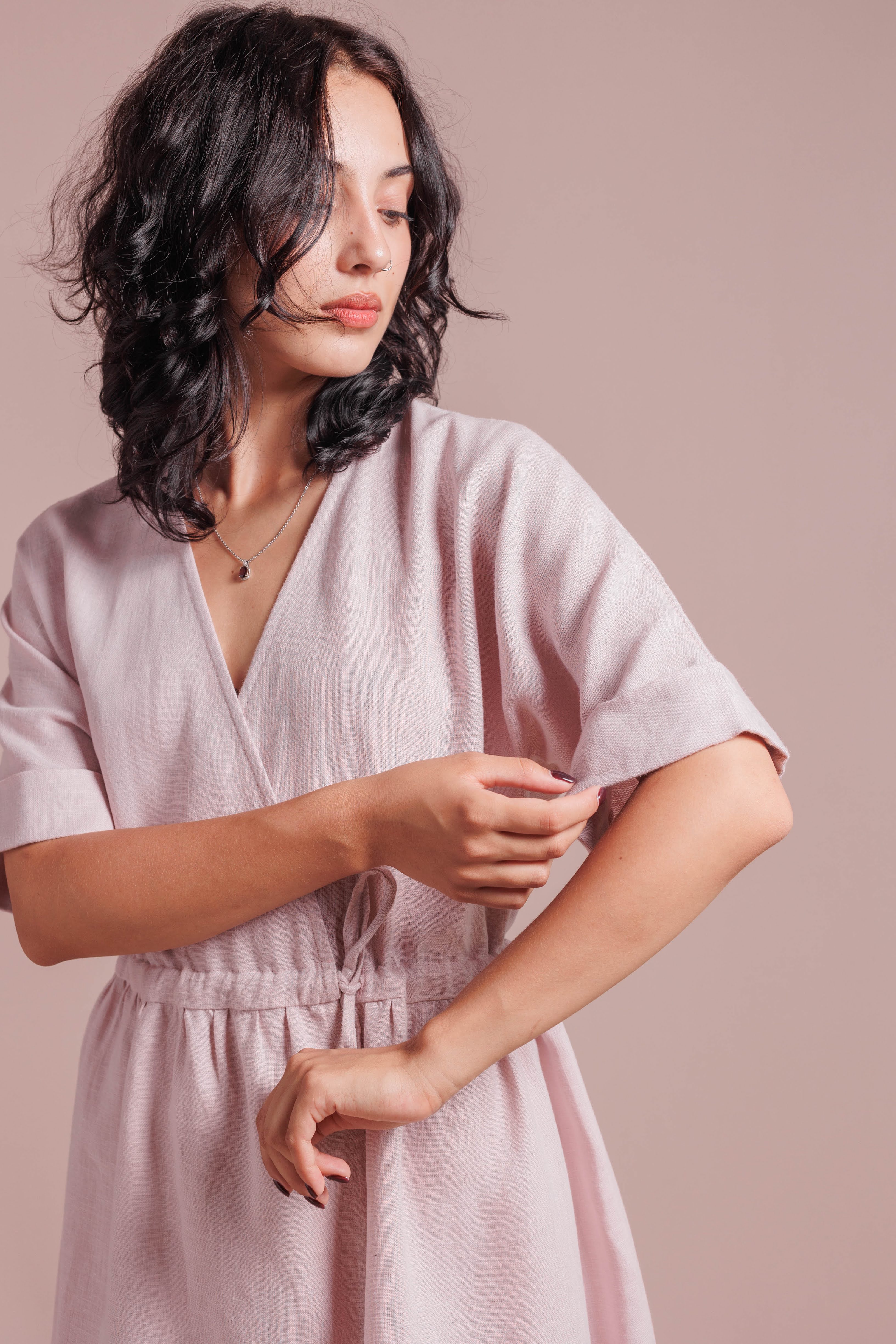 Wrap Dress with Short Sleeves • 100% Linen • Powder Pink