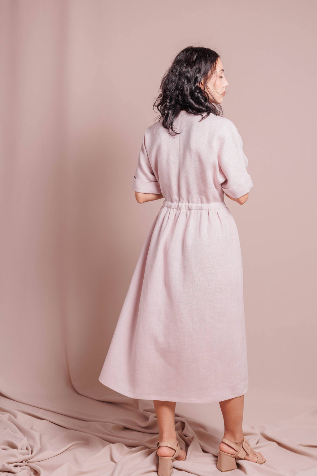 Wrap Dress with Short Sleeves • 100% Linen • Powder Pink