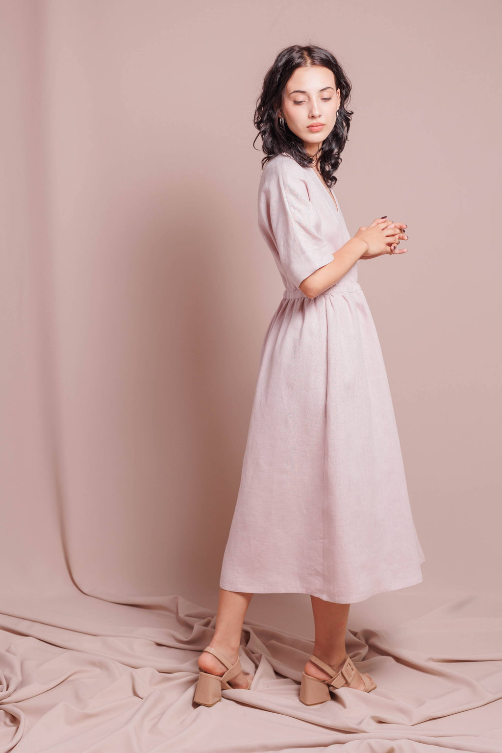 Wrap Dress with Short Sleeves • 100% Linen • Powder Pink