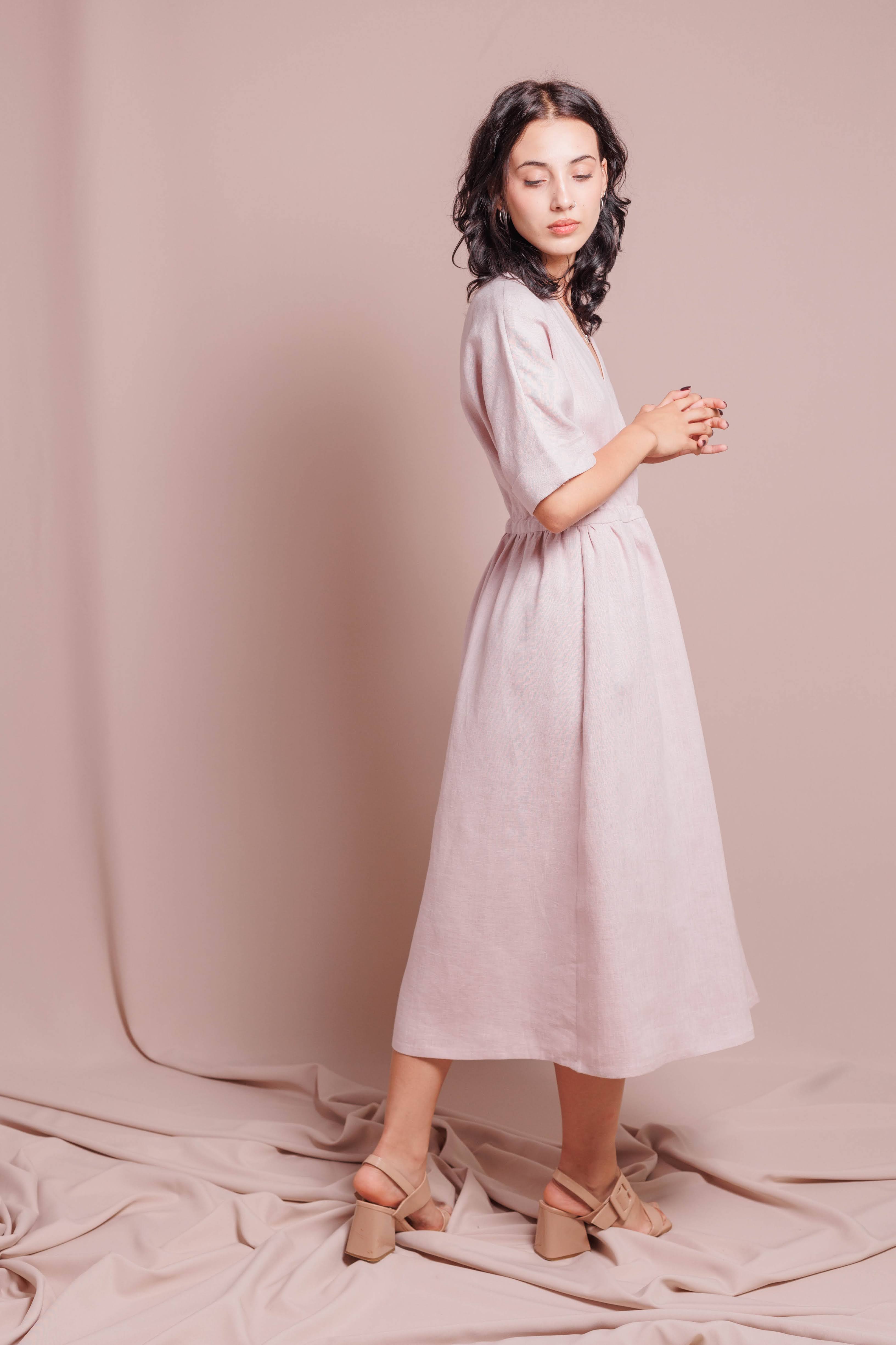 Wrap Dress with Short Sleeves • 100% Linen • Powder Pink
