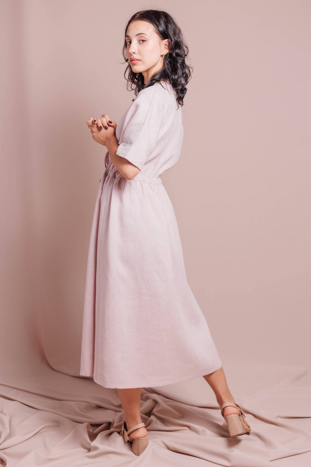 Wrap Dress with Short Sleeves • 100% Linen • Powder Pink