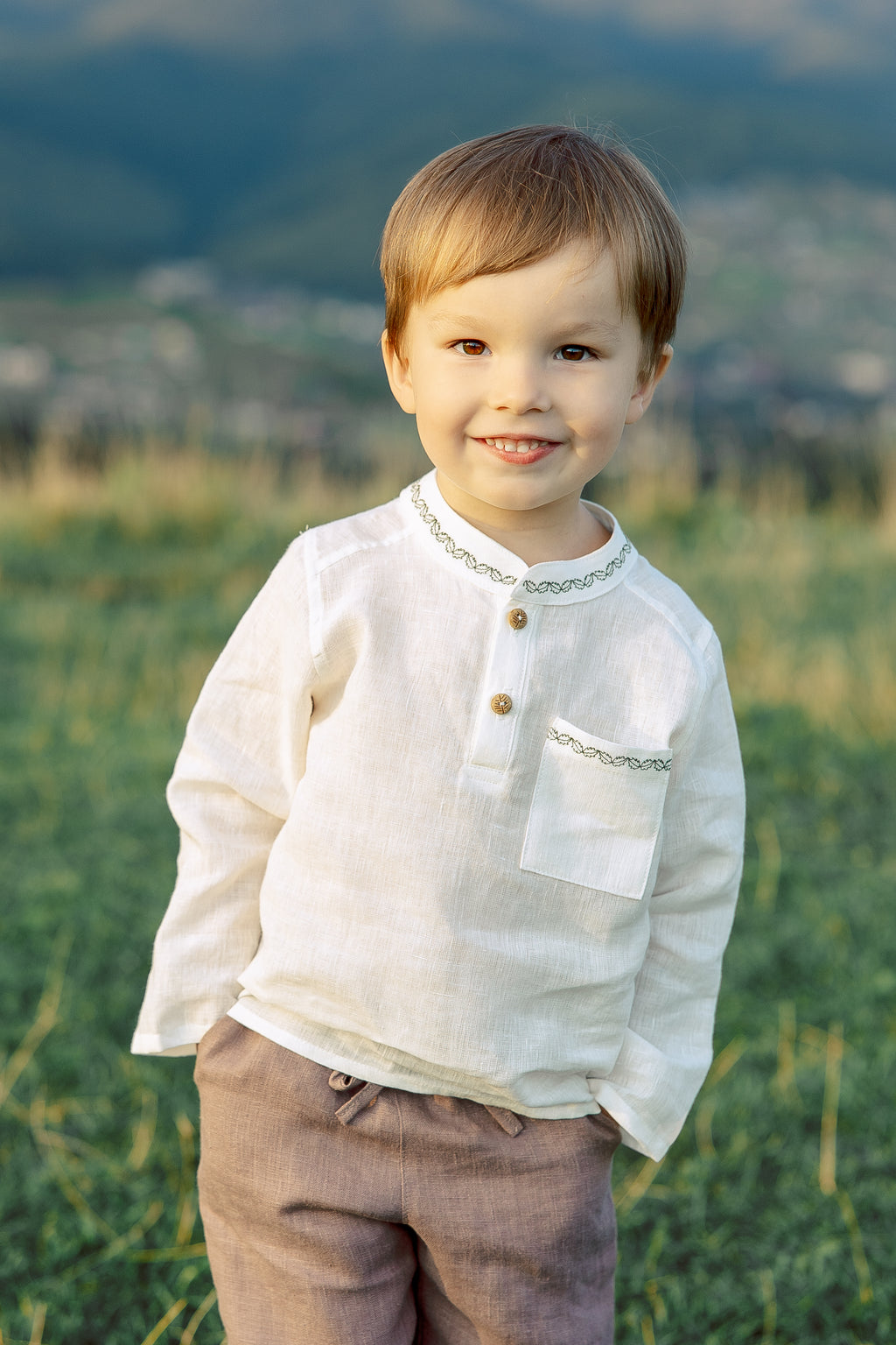 boys’ white linen shirt with delicate dark green embroidery, handmade, soft 100% washed linen, perfect for special occasions