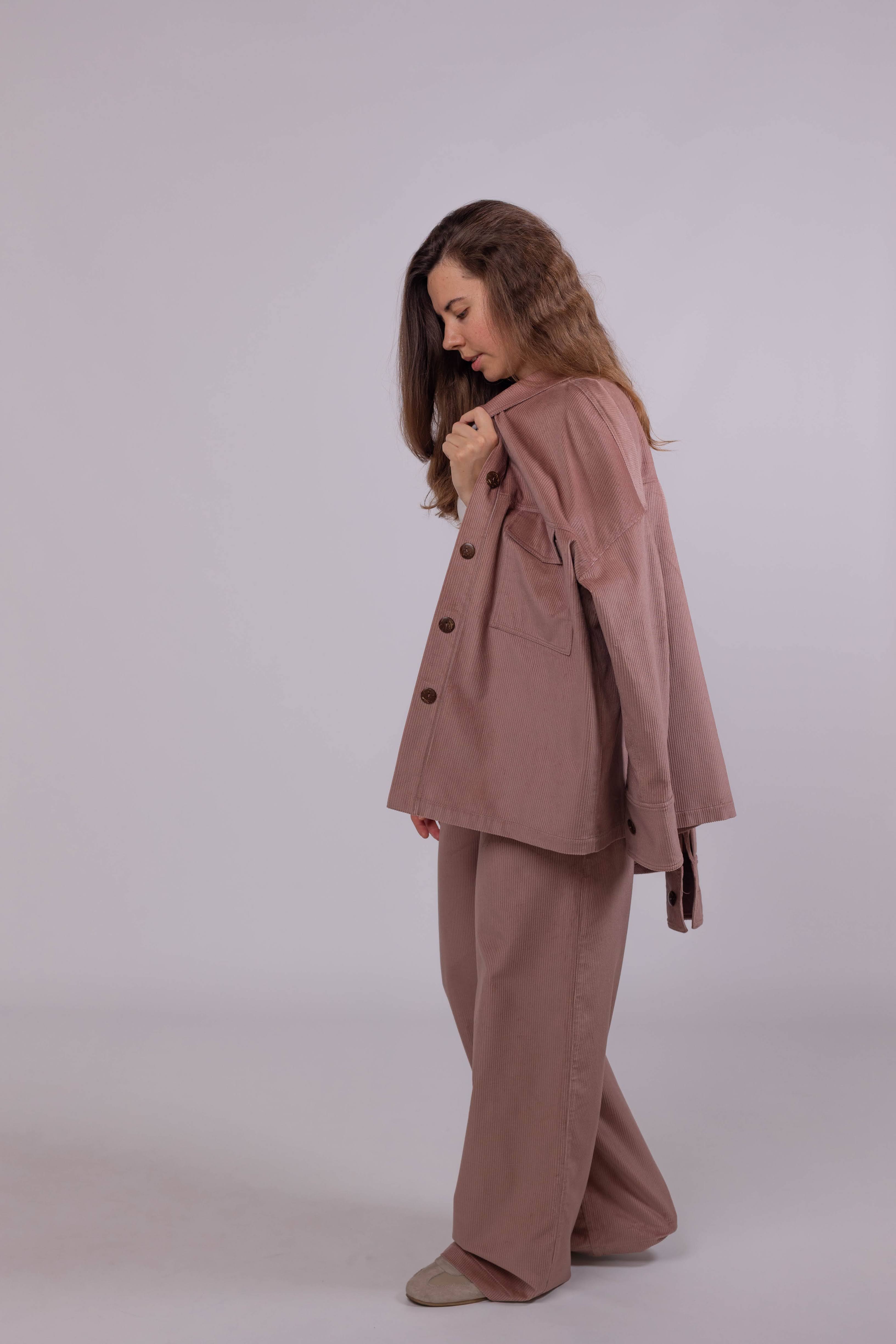 Women’s cotton corduroy overshirt with medium wale texture, patch pockets, and natural coconut buttons.