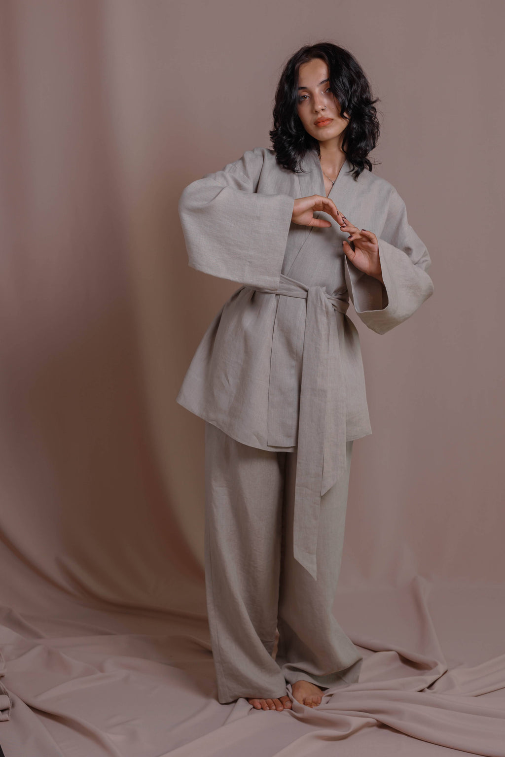 100 percent boiled linen kimono in light gray with relaxed open front.