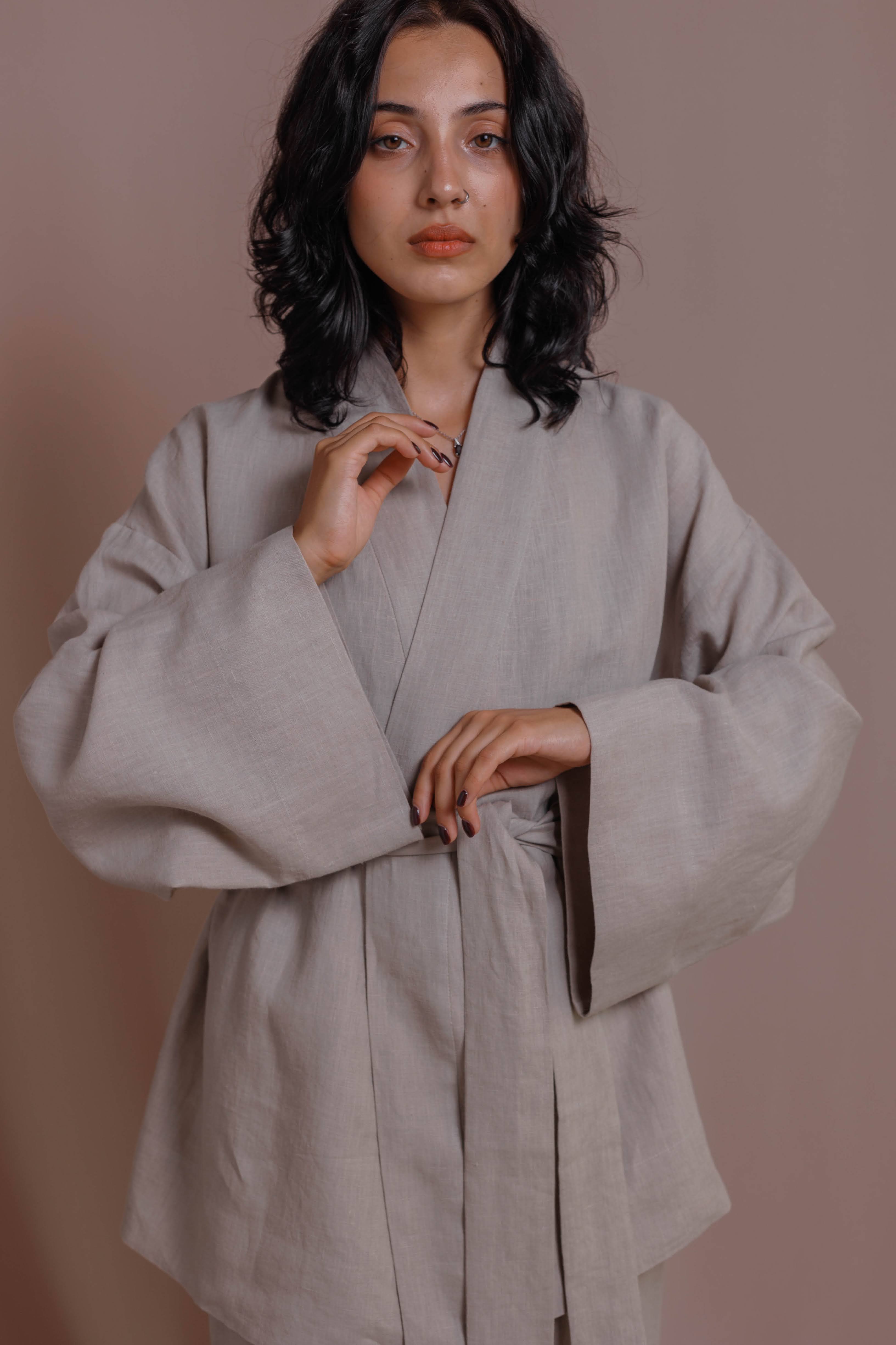100 percent boiled linen kimono in light gray with relaxed open front.