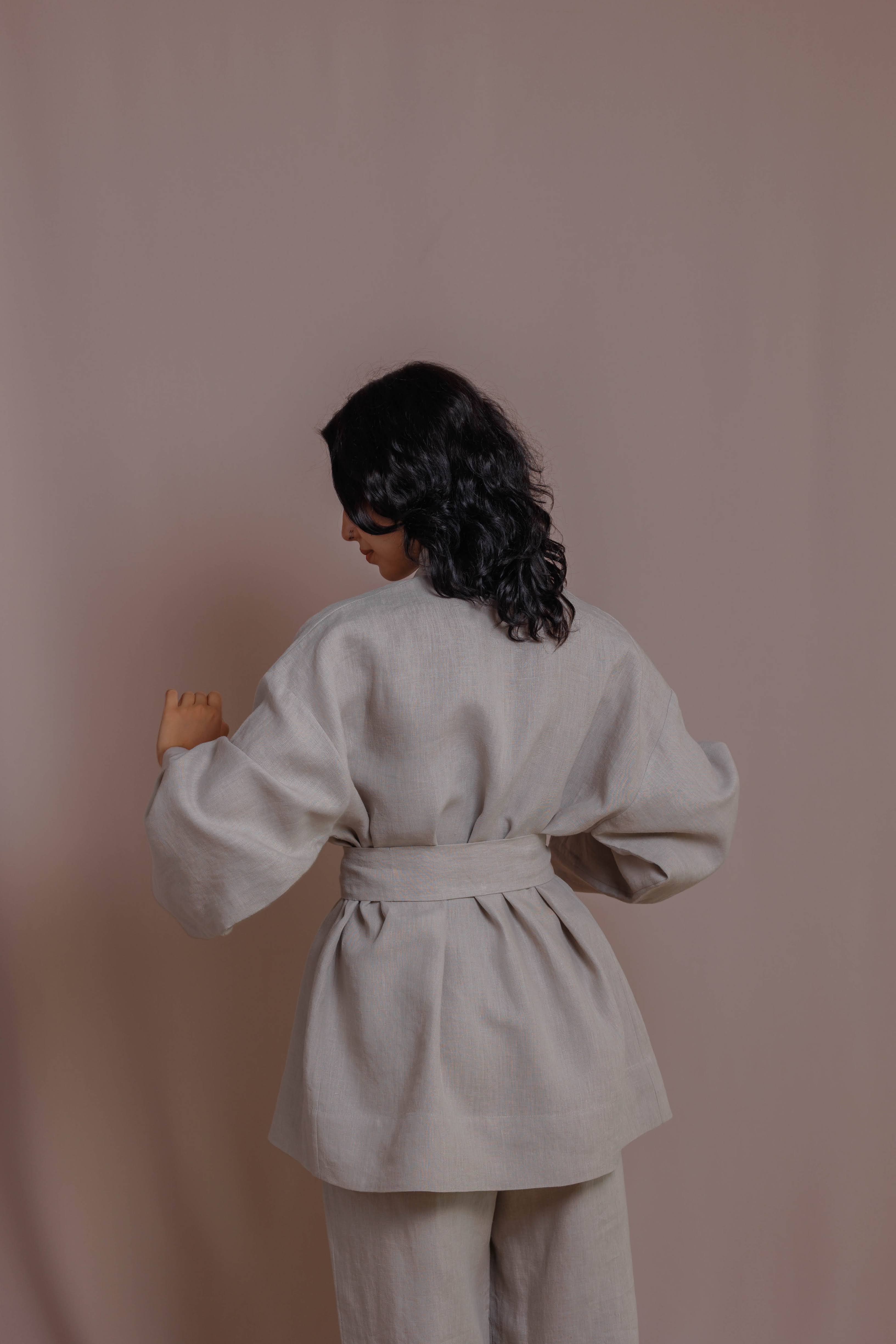 100 percent boiled linen kimono in light gray with relaxed open front.