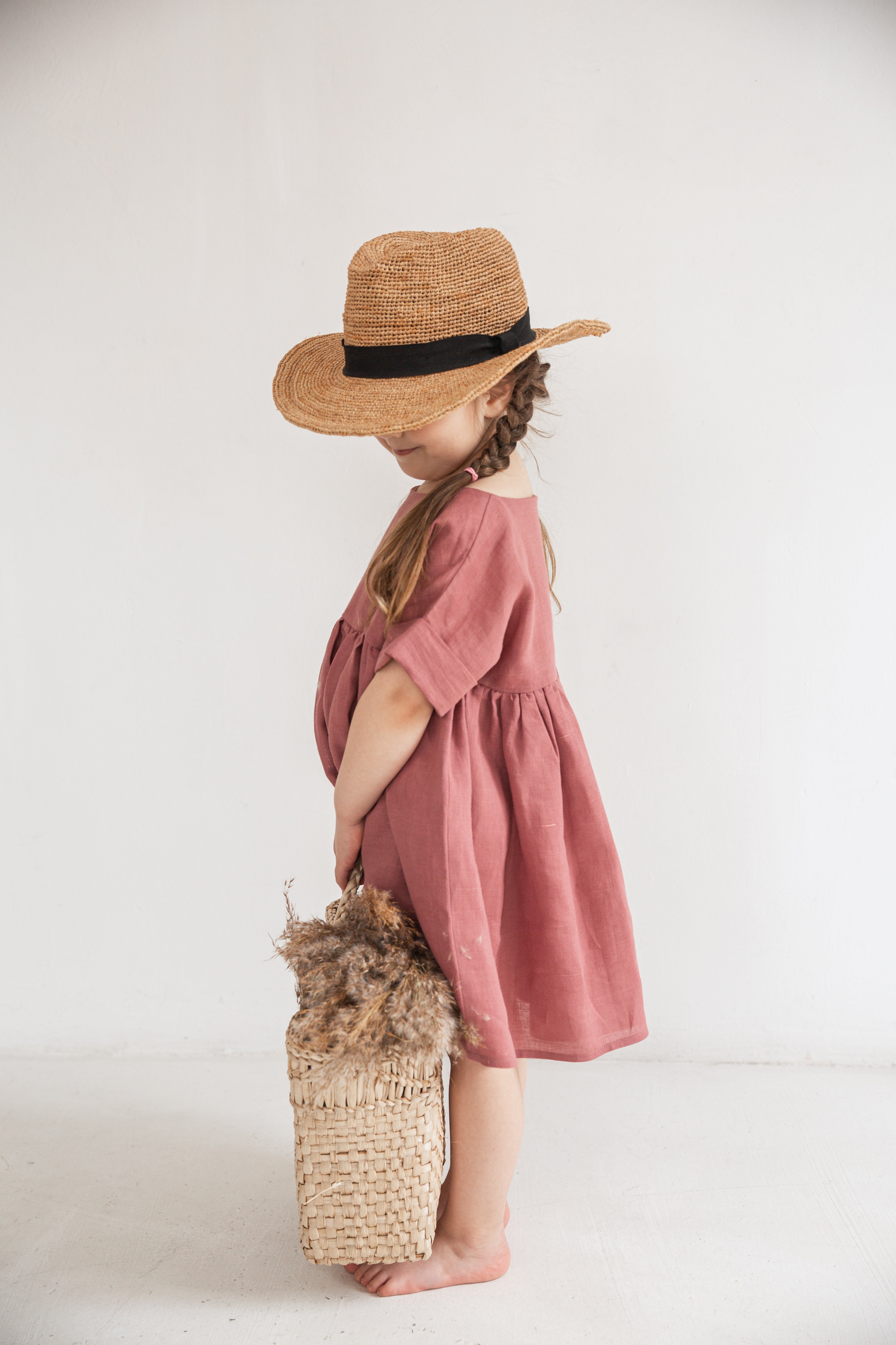 Handmade children’s dress in natural ramie fabric, loose A-line summer dress for girls