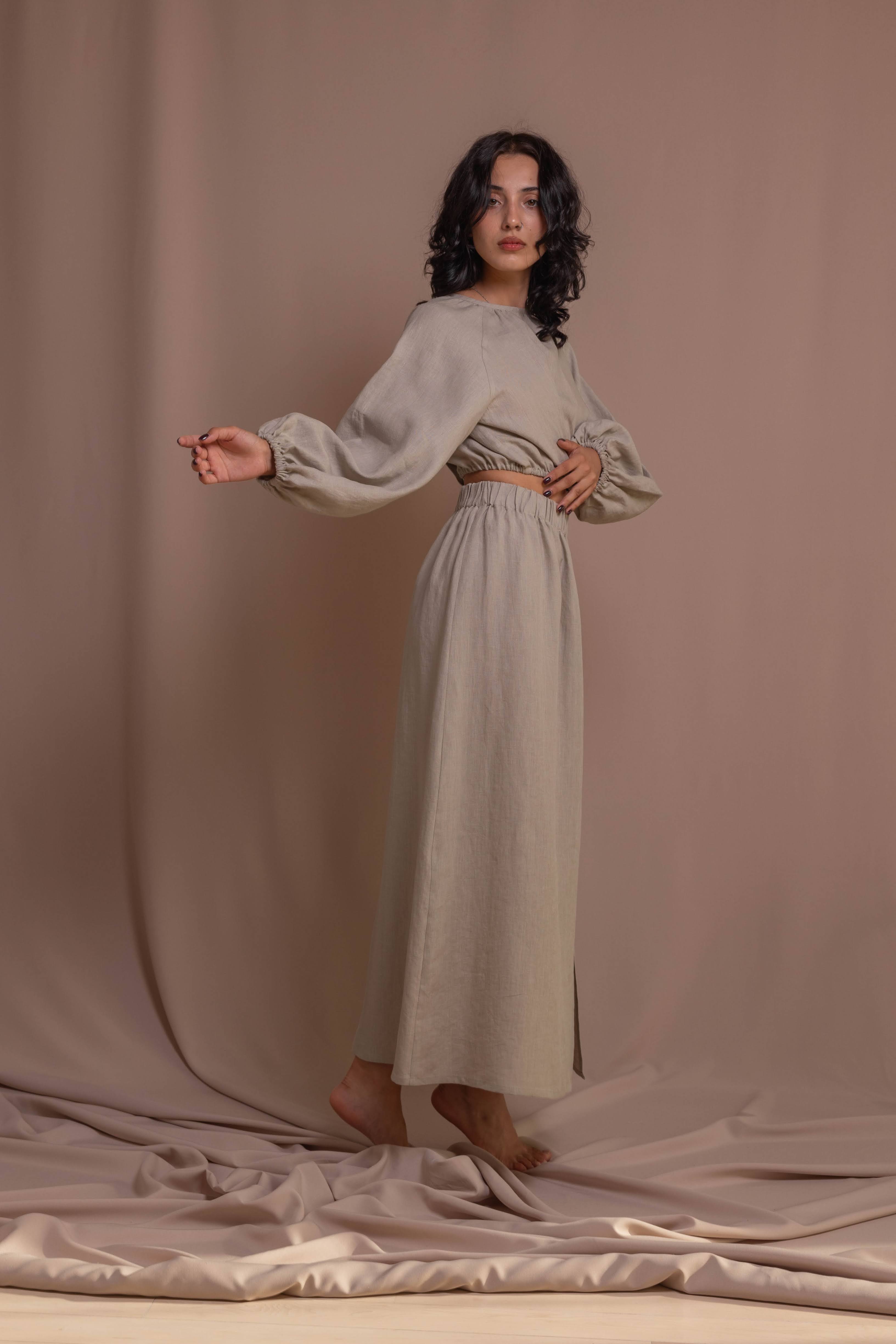 Grey A-line linen skirt, 97 cm long, made from natural breathable fabric with elastic waistband and elegant front slit