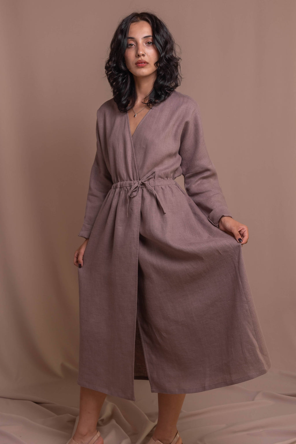 Long sleeve linen wrap dress with adjustable waist