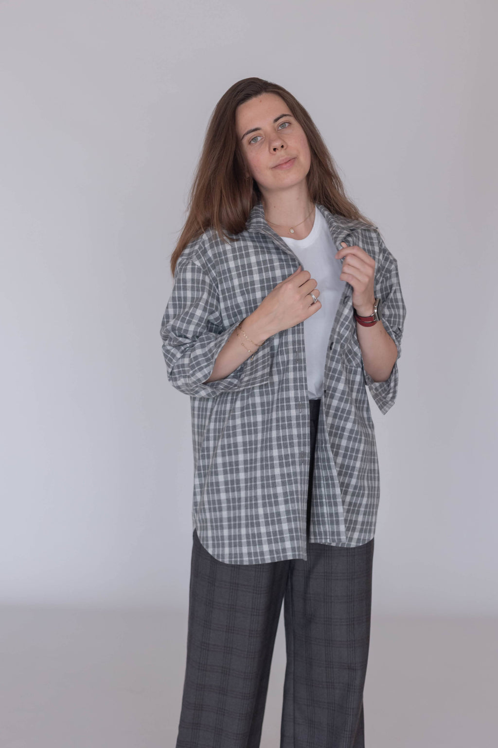 Oversized women’s flannel shirt jacket, 50% wool, 50% cotton, soft, warm, and comfortable for cooler seasons