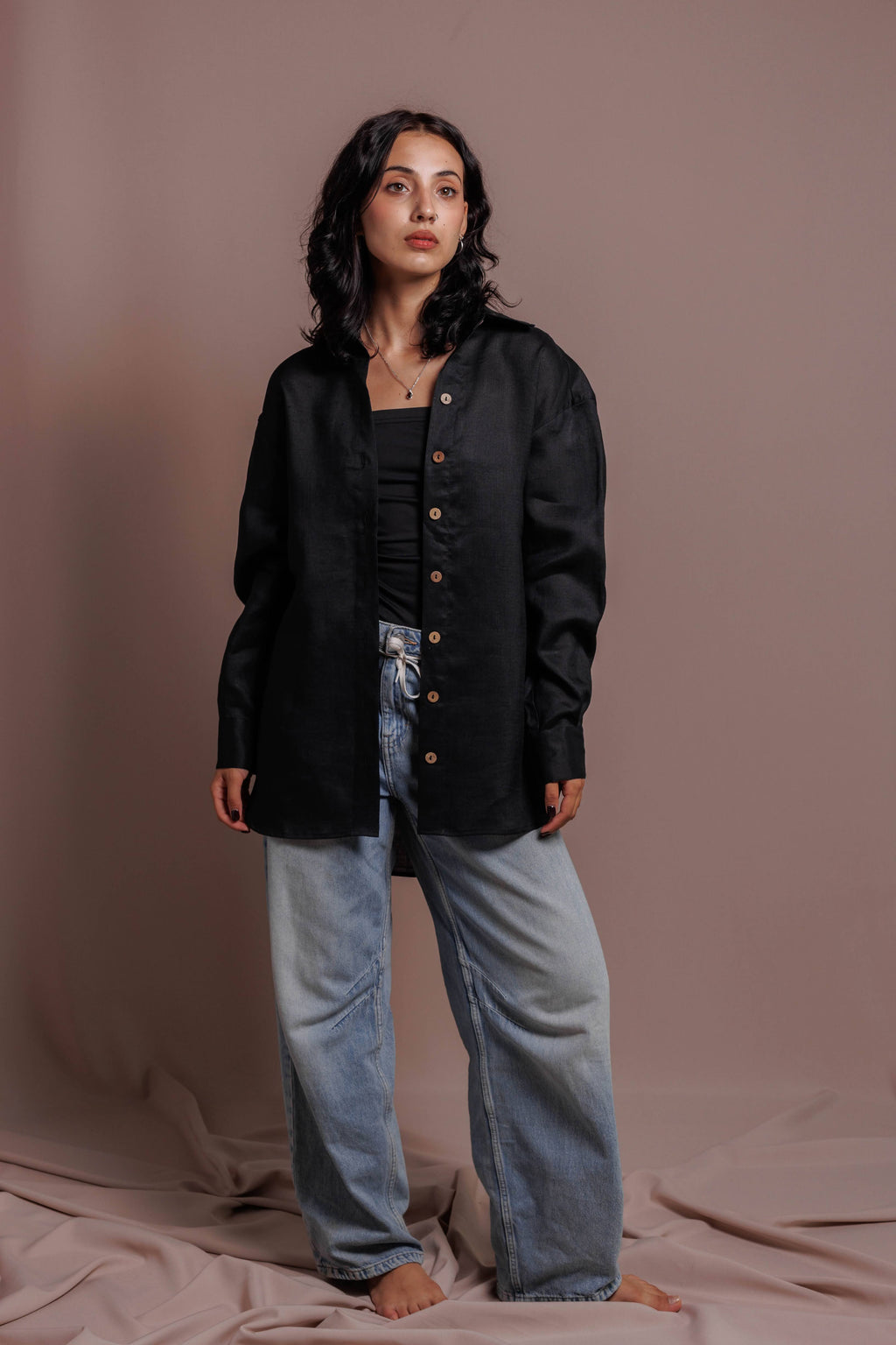 Oversized black ramie shirt for women made of 100% ramie nettle fabric