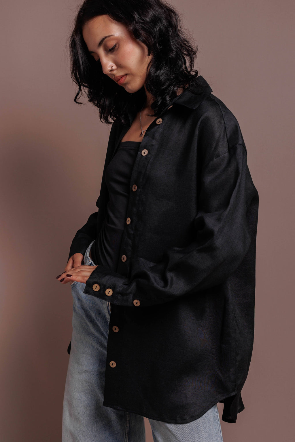 Minimalist oversized ramie shirt for women in black, breathable natural fabric