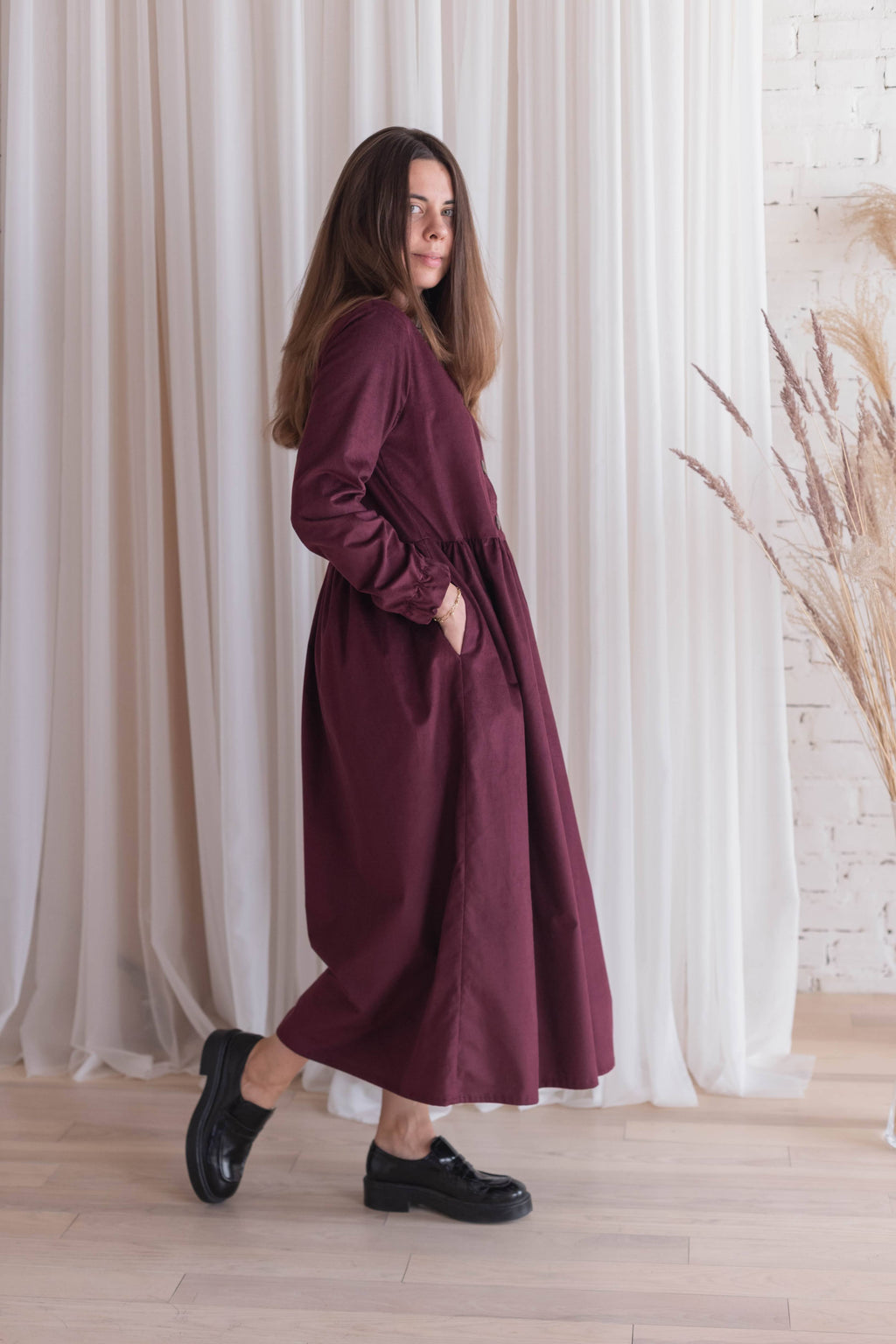 A-line micro corduroy dress made from 100% cotton with soft drape