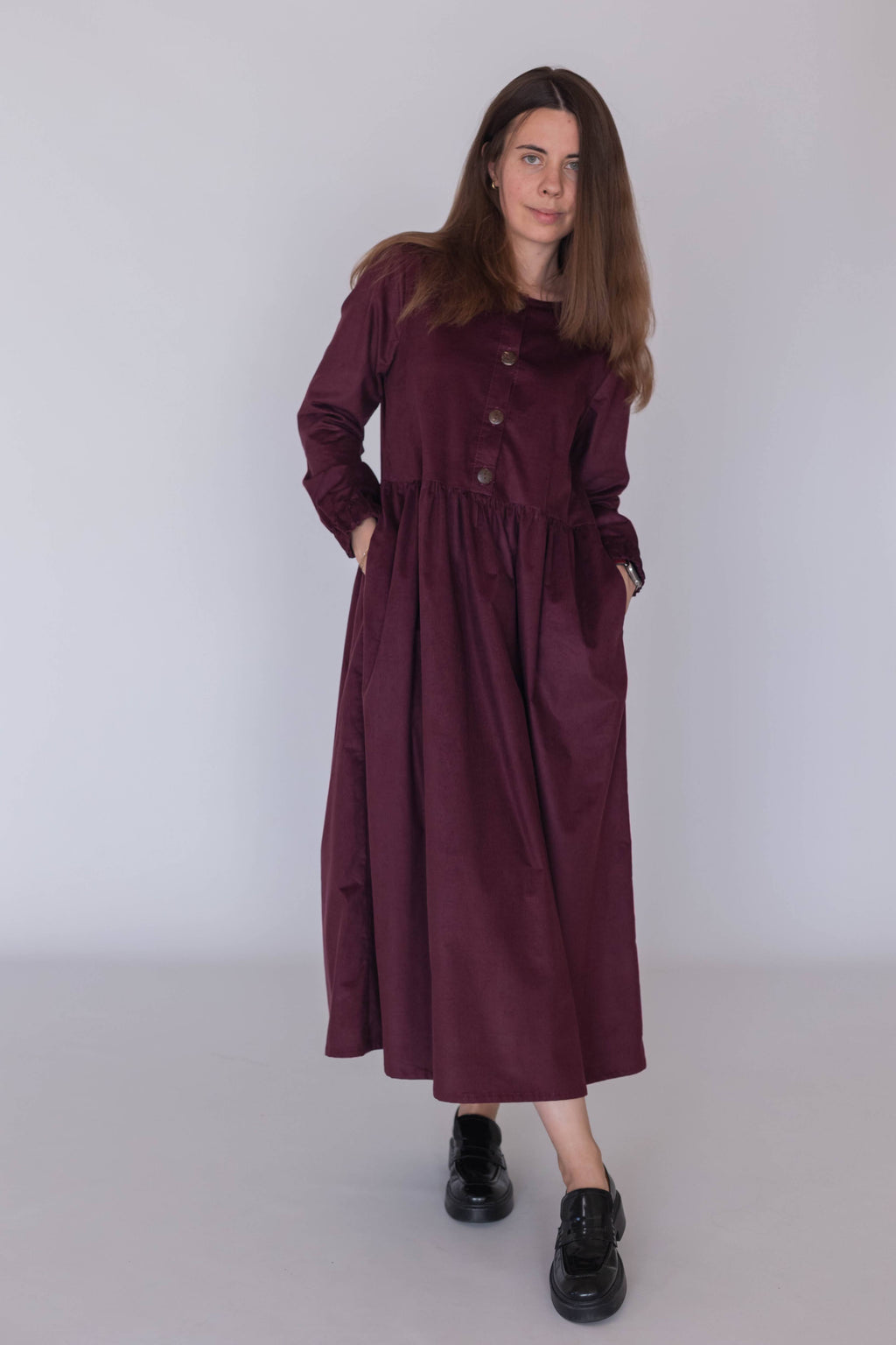 Loose fit A-line micro corduroy dress styled for casual and special occasions