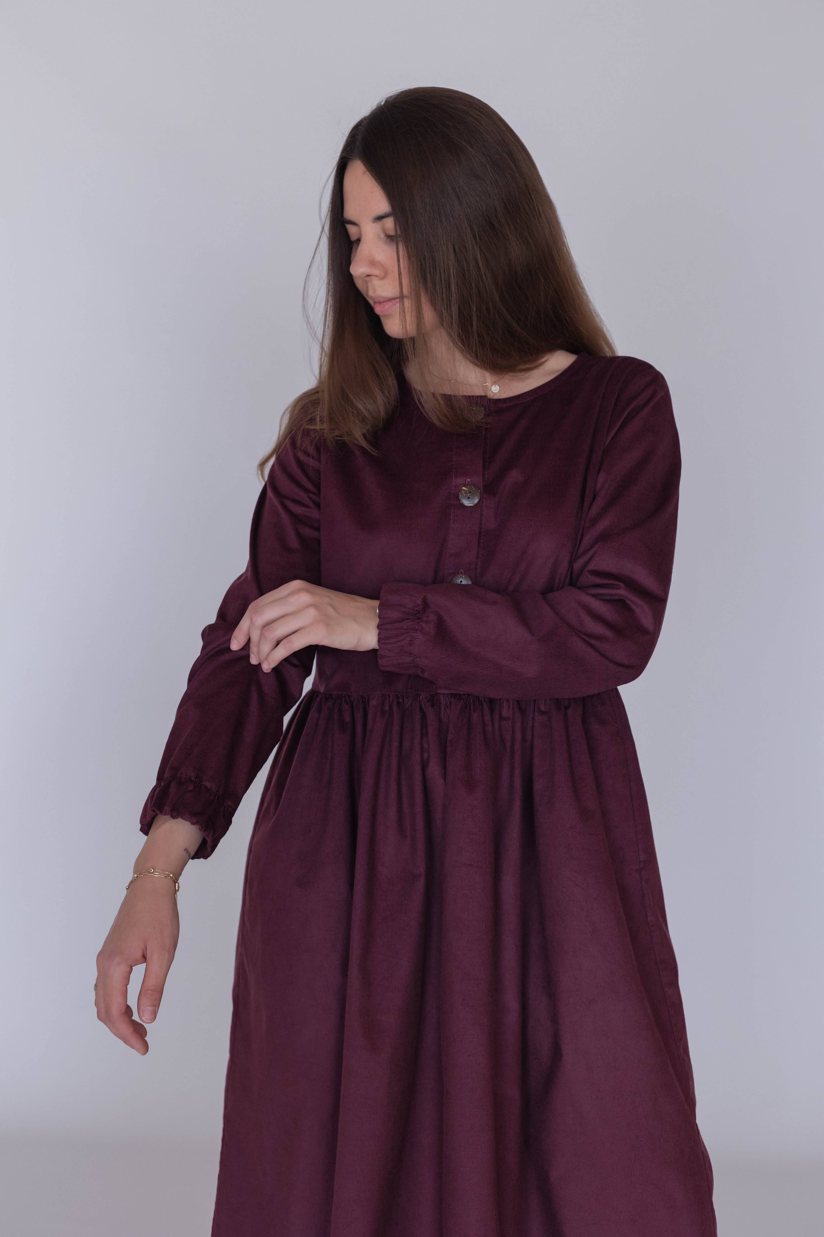 Comfortable A-line cotton corduroy dress suitable for maternity wear
