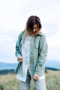 Women’s shirt jacket made of 100% natural nettle fabric in light green color