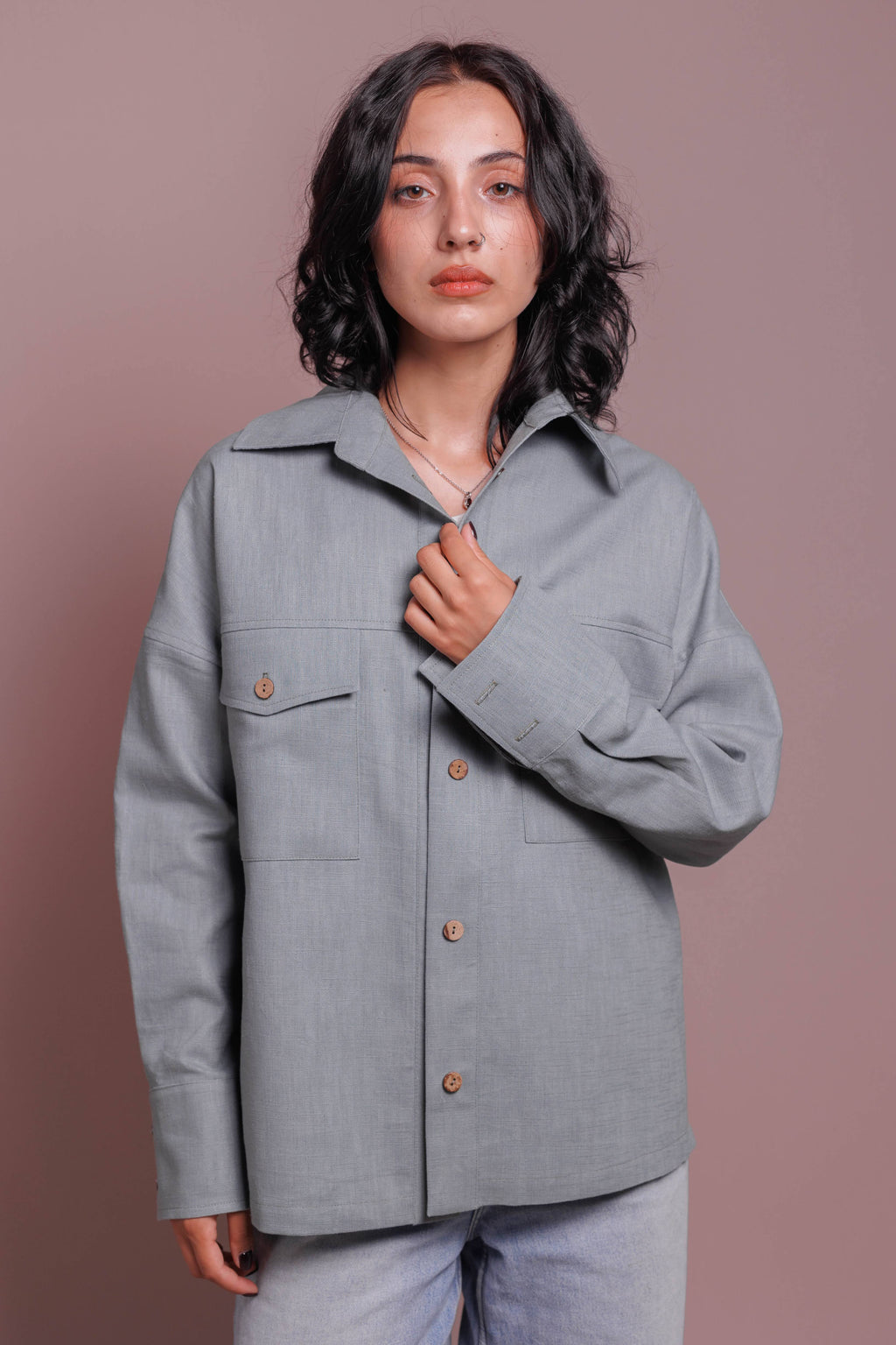 Eco friendly women overshirt crafted from dense nettle fabric, minimalist style