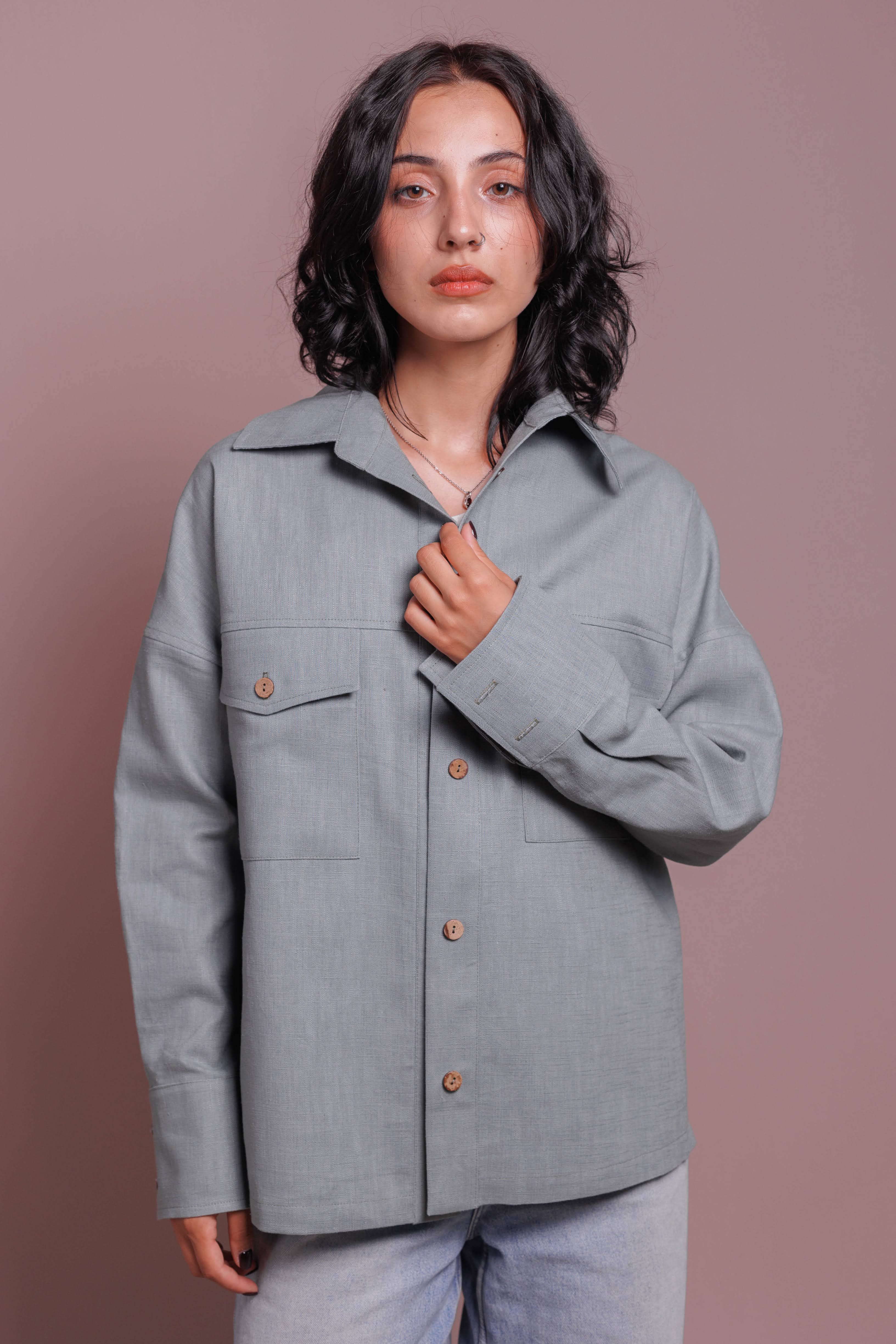 Eco friendly women overshirt crafted from dense nettle fabric, minimalist style