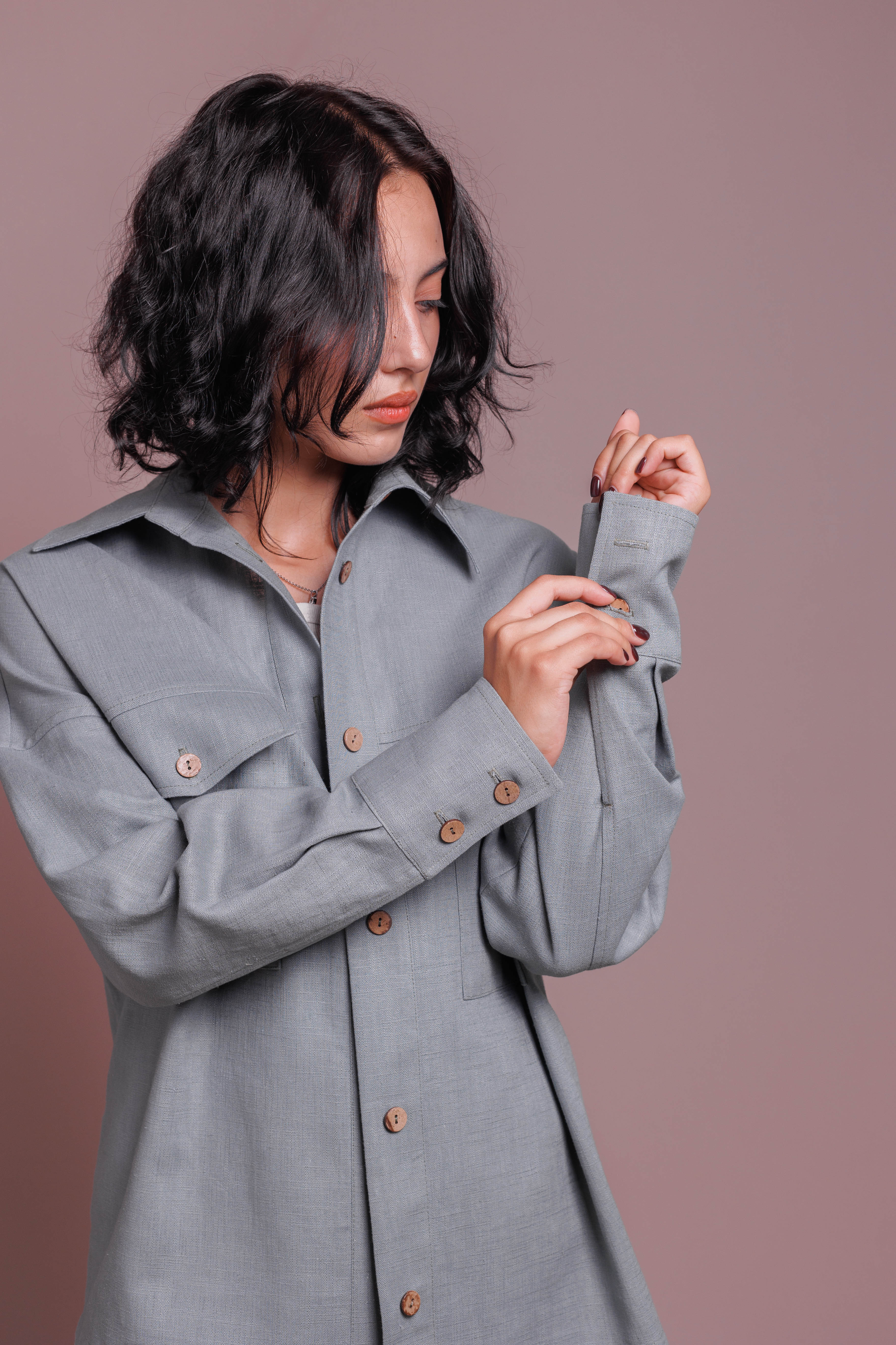 Women utility shirt jacket made from natural nettle fabric, slow fashion clothing
