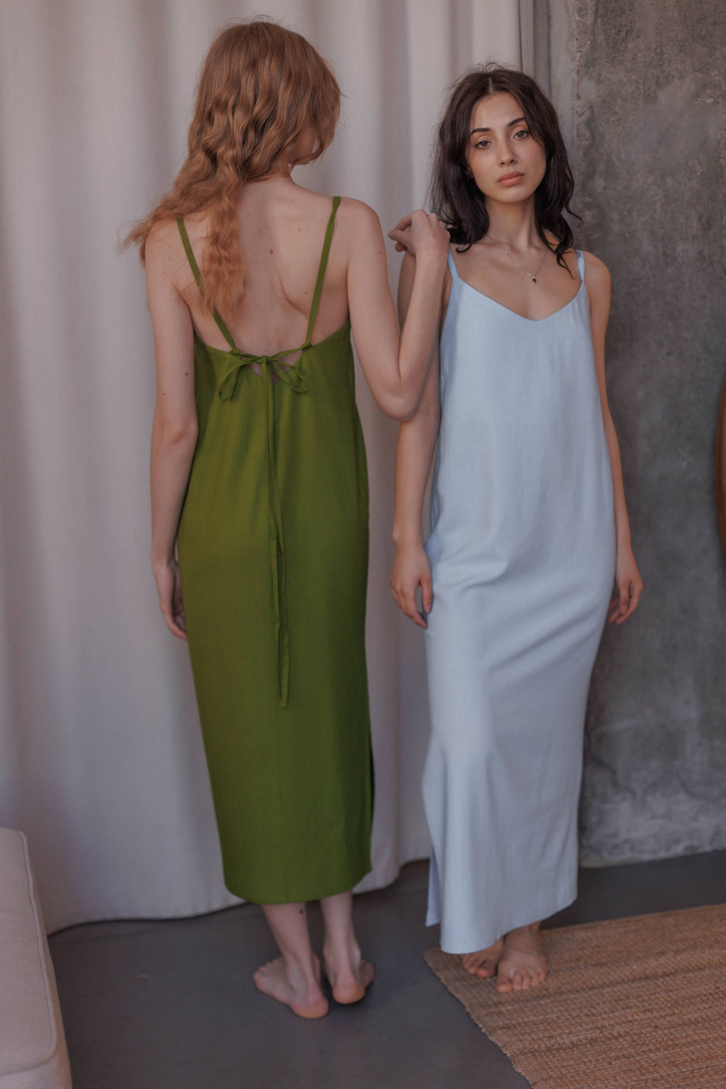 Detail of adjustable straps on a non-sheer nettle and linen summer dress