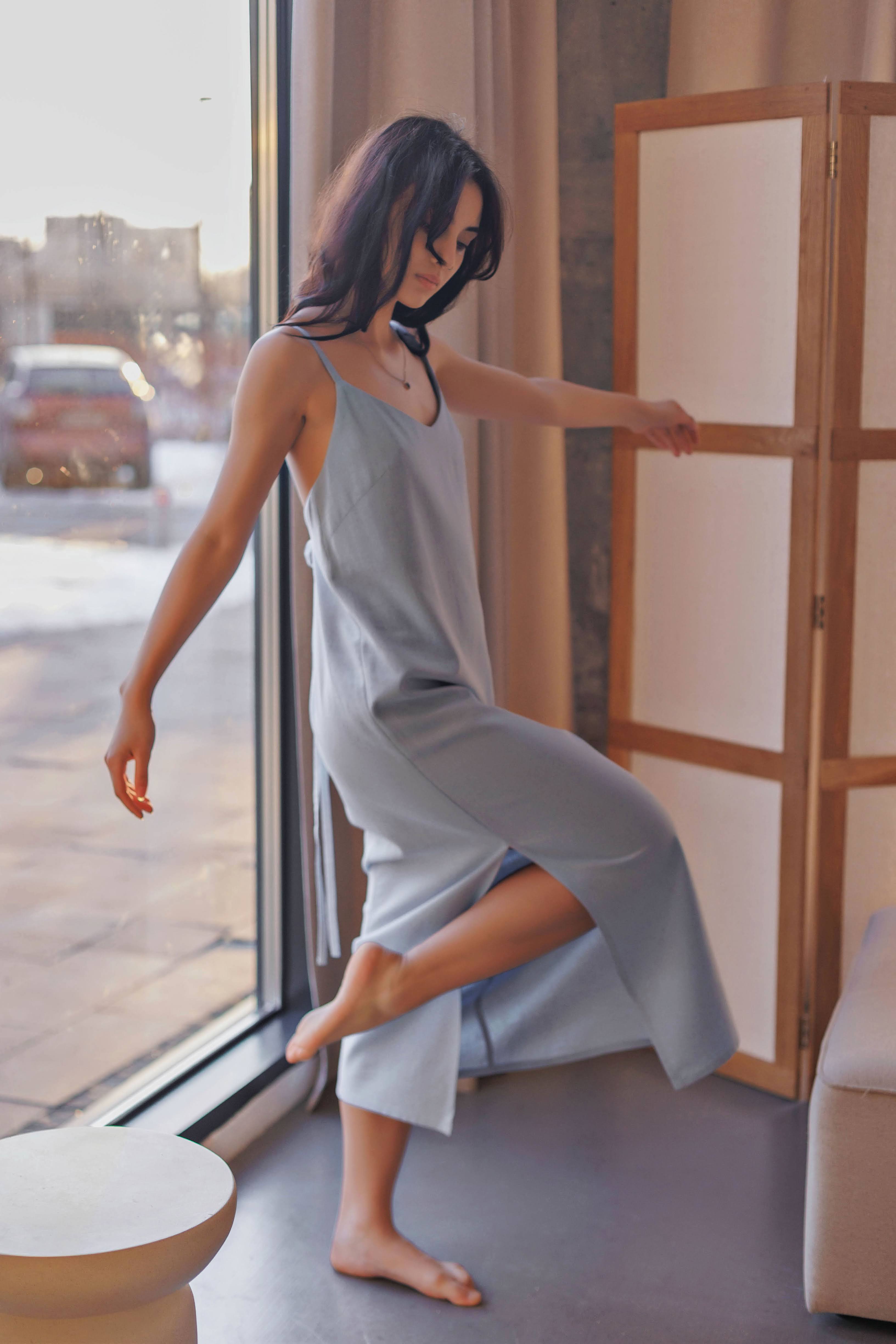 Lightweight sundress with adjustable straps made from nettle and linen fabric